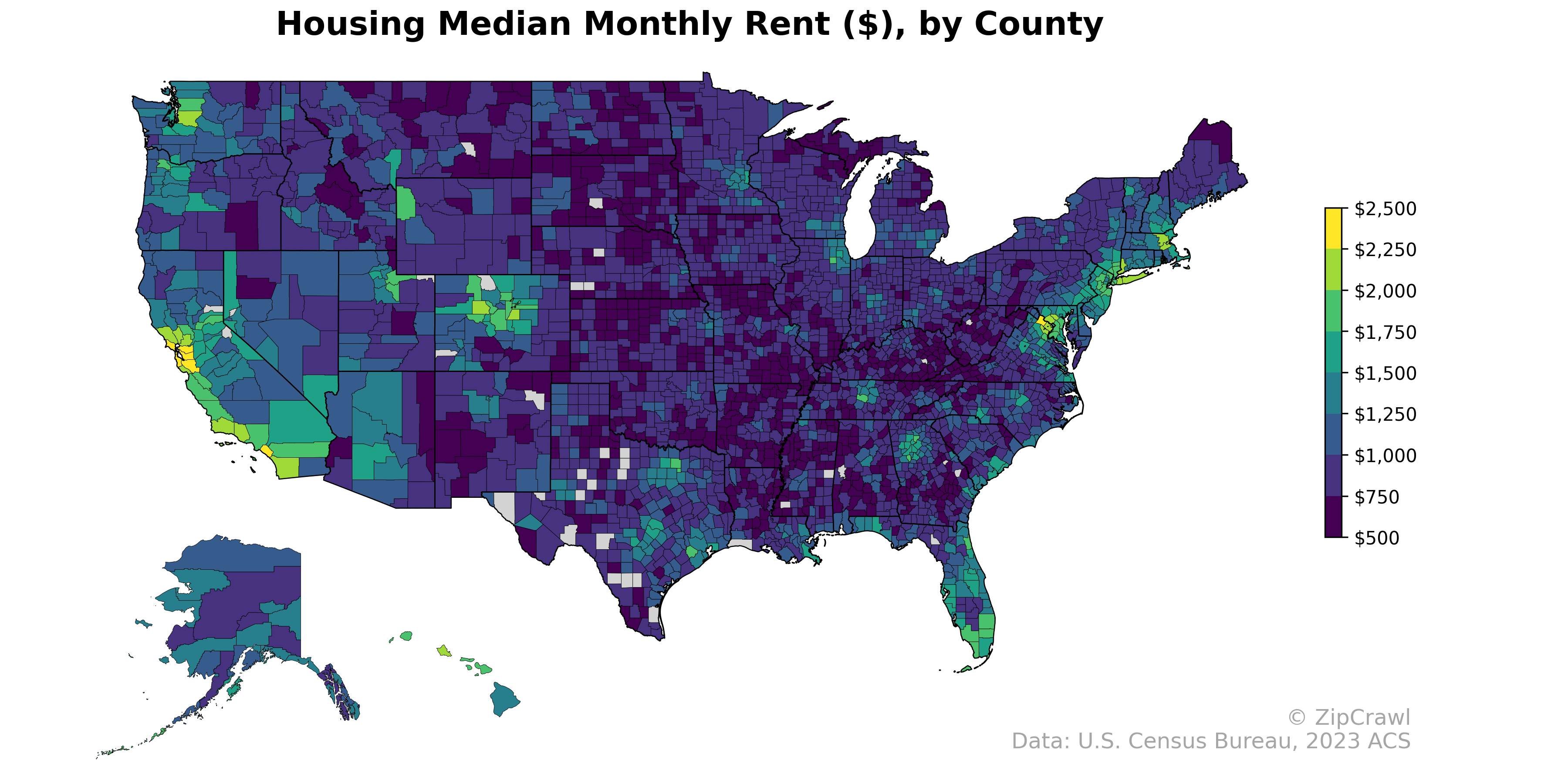 Housing Median Monthly Rent ($), by County