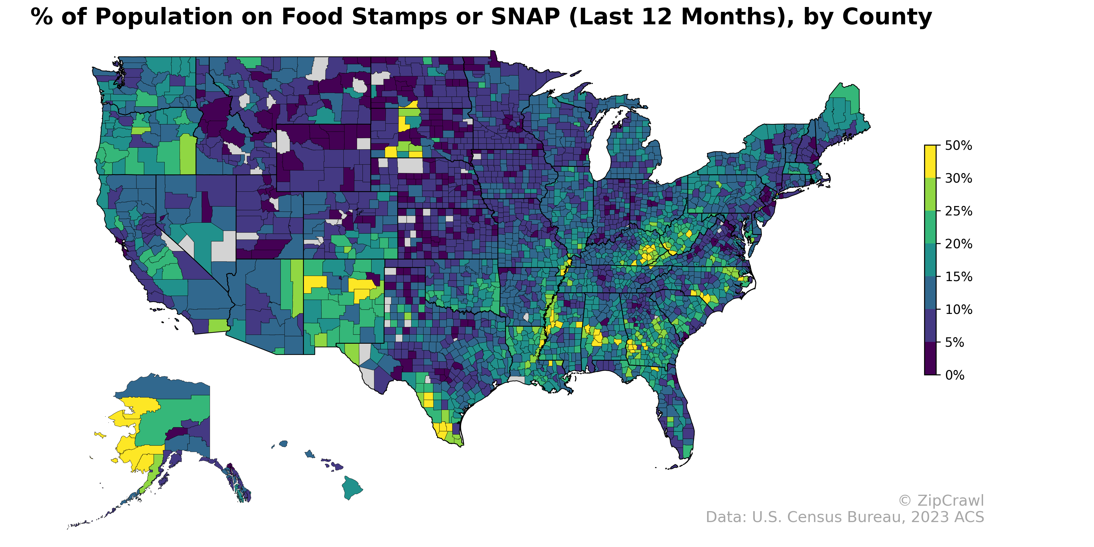 % of Population on Food Stamps or SNAP (Last 12 Months), by County
