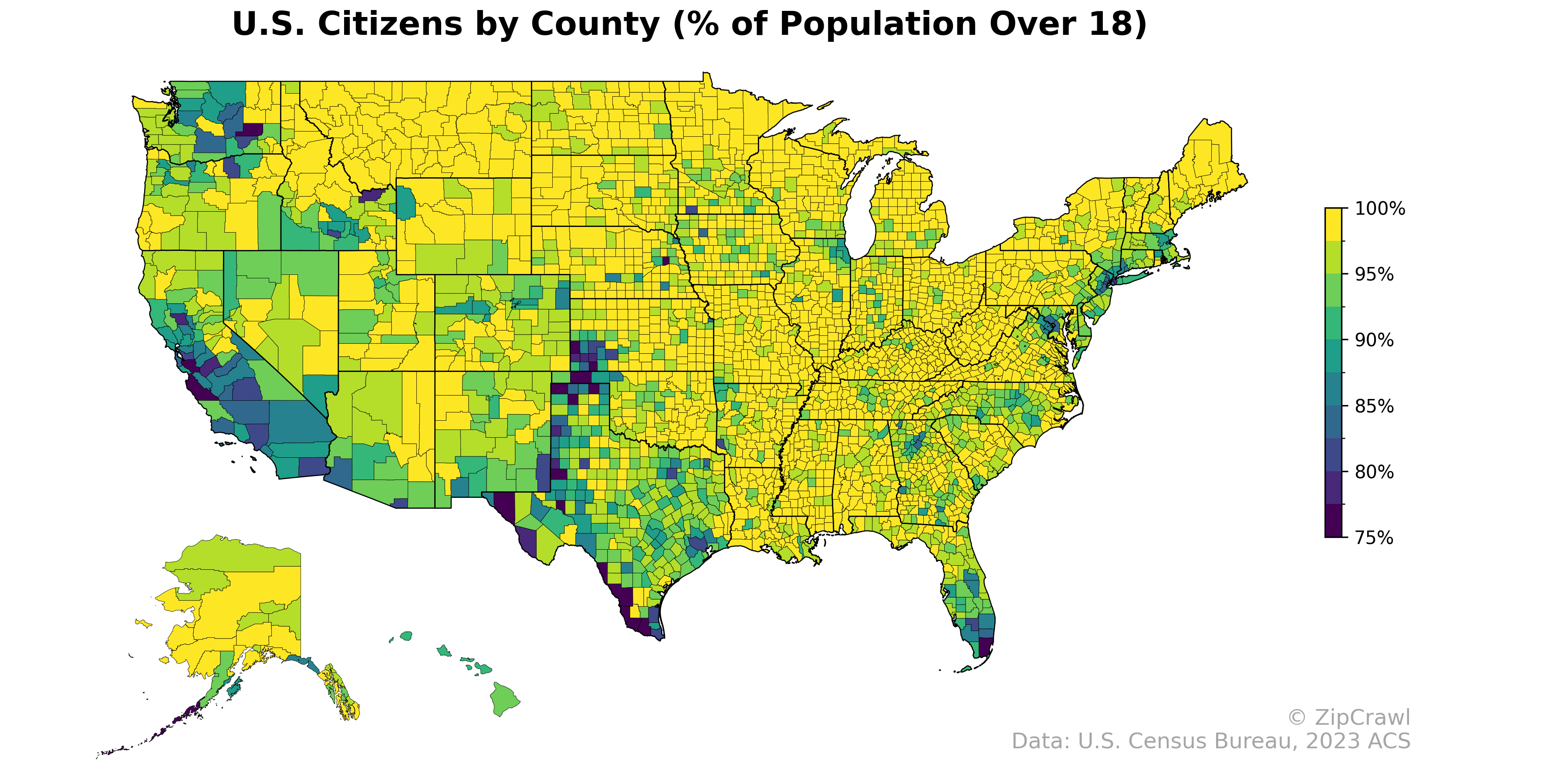 U.S. Citizens by County (% of Population Over 18)