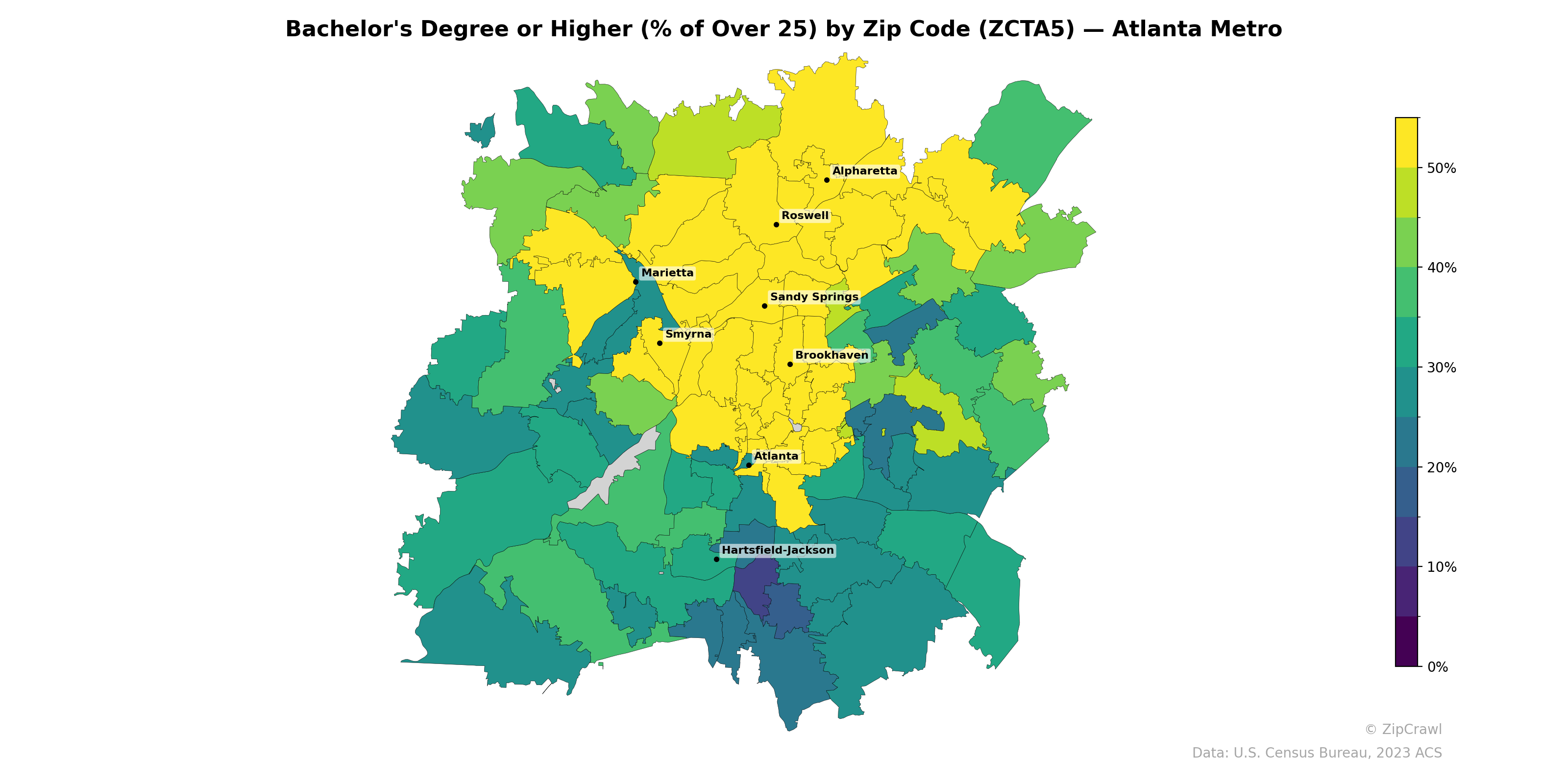 Bachelor's Degree or Higher (% of Over 25) by Zip Code (ZCTA5) — Atlanta Metro