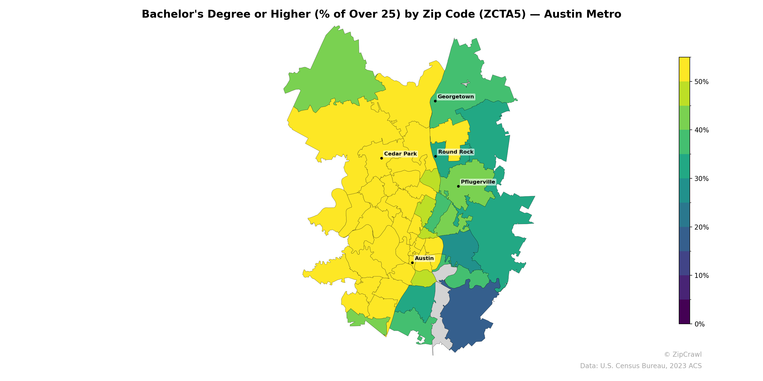 Bachelor's Degree or Higher (% of Over 25) by Zip Code (ZCTA5) — Austin Metro