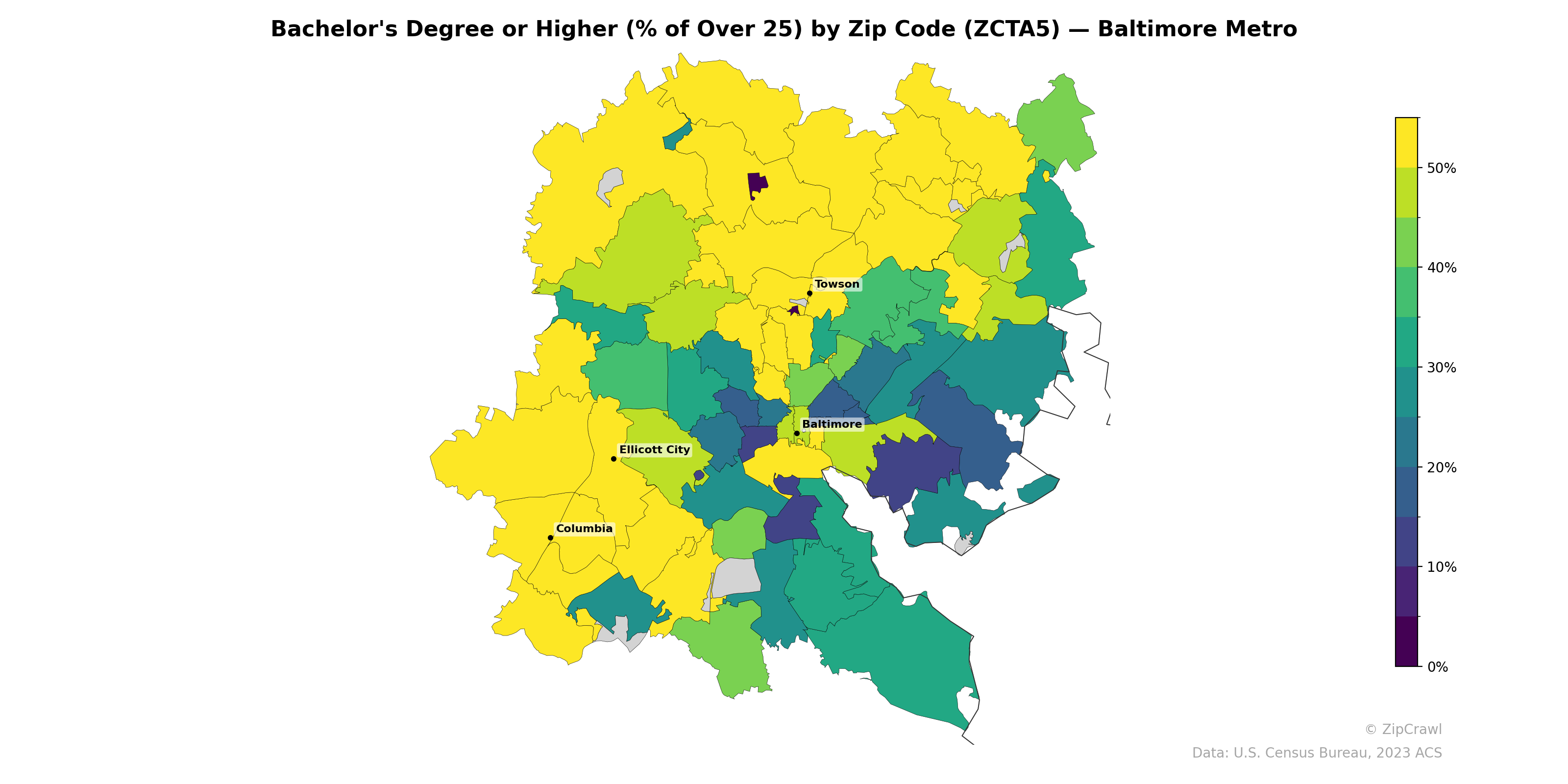 Bachelor's Degree or Higher (% of Over 25) by Zip Code (ZCTA5) — Baltimore Metro