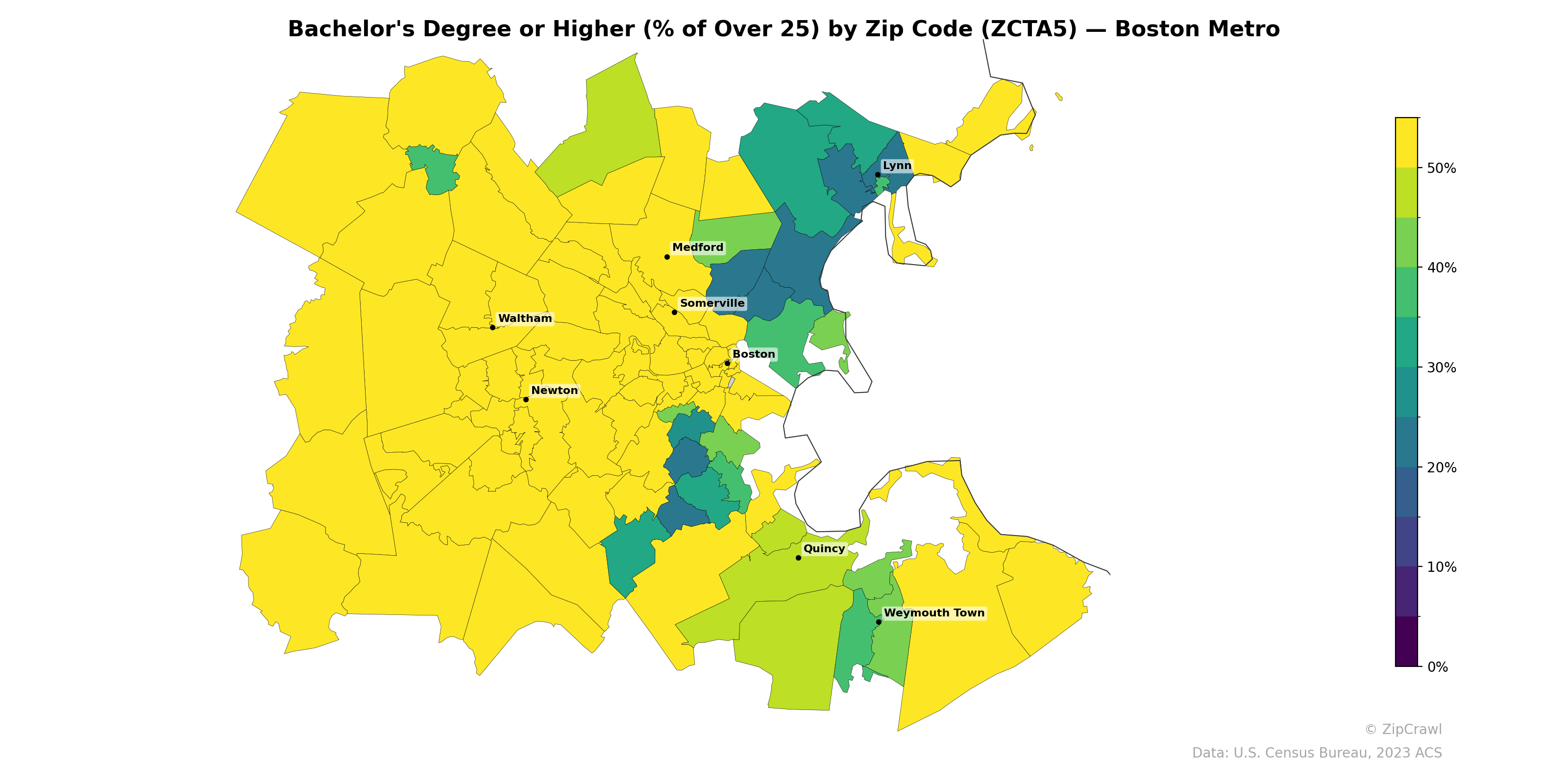 Bachelor's Degree or Higher (% of Over 25) by Zip Code (ZCTA5) — Boston Metro