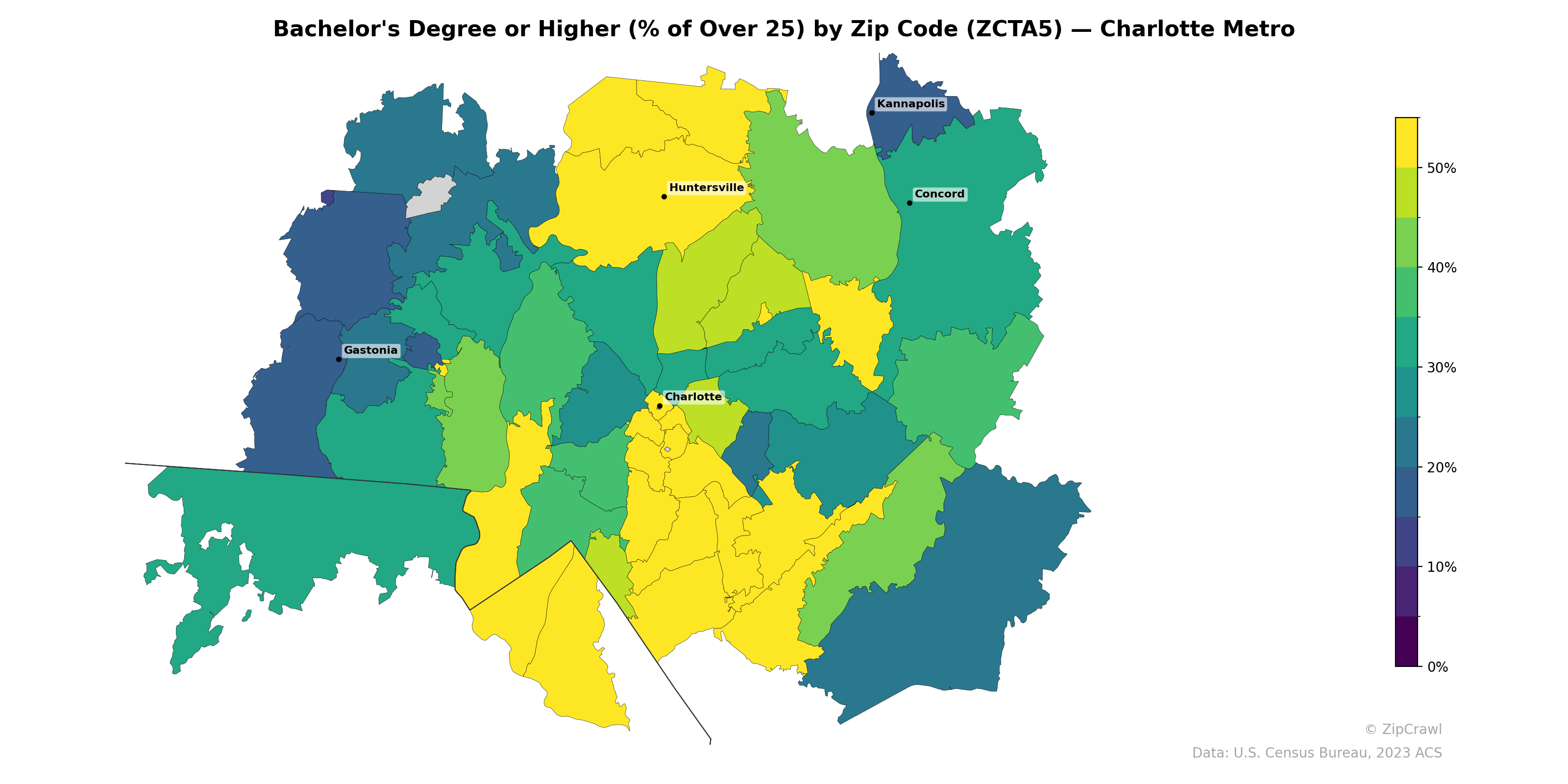 Bachelor's Degree or Higher (% of Over 25) by Zip Code (ZCTA5) — Charlotte Metro