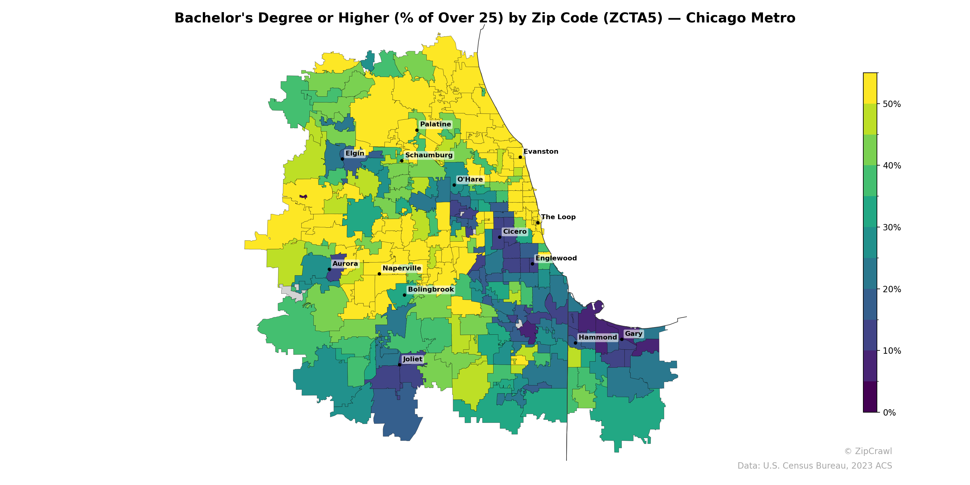 Bachelor's Degree or Higher (% of Over 25) by Zip Code (ZCTA5) — Chicago Metro