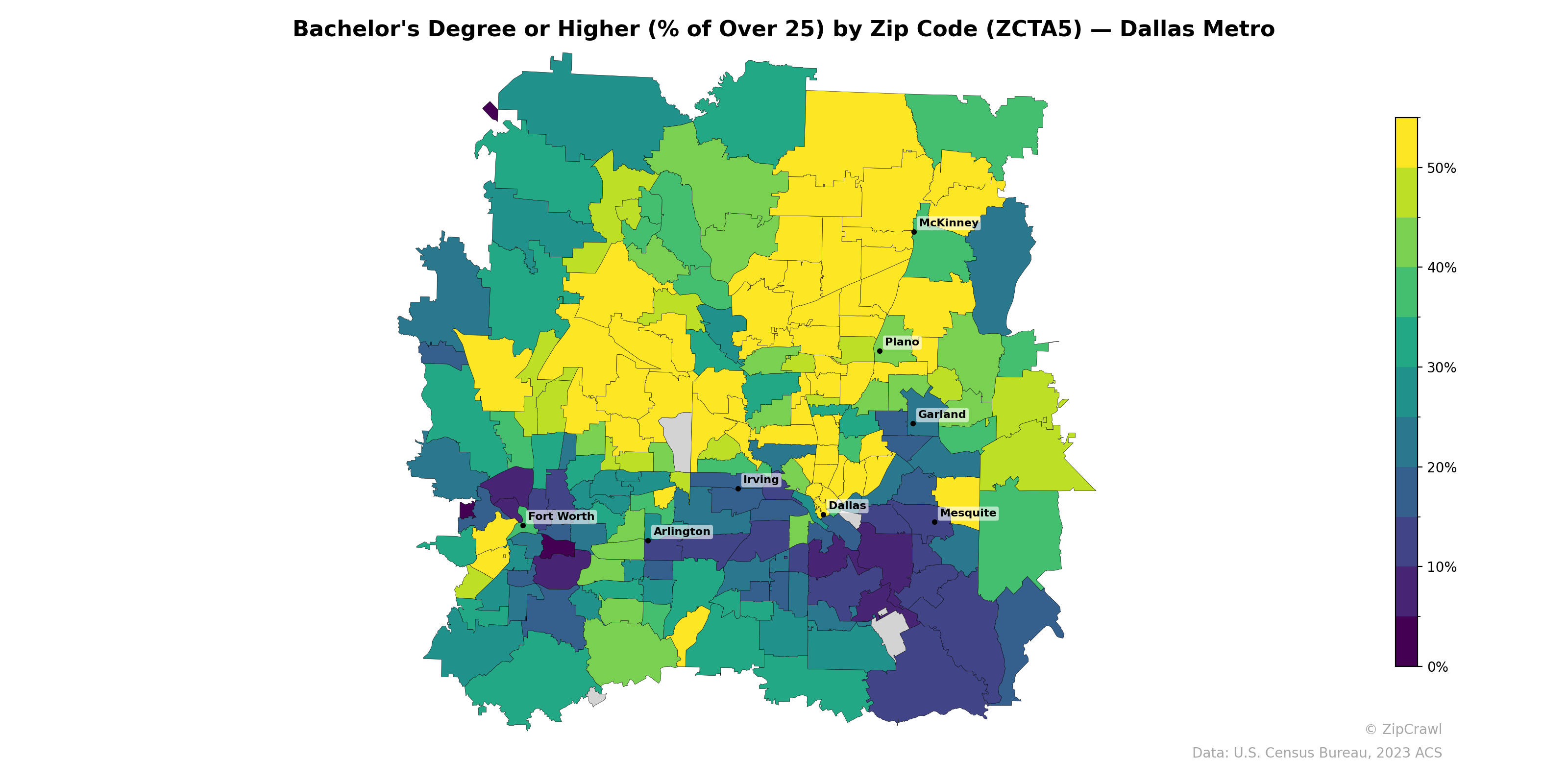 Bachelor's Degree or Higher (% of Over 25) by Zip Code (ZCTA5) — Dallas Metro