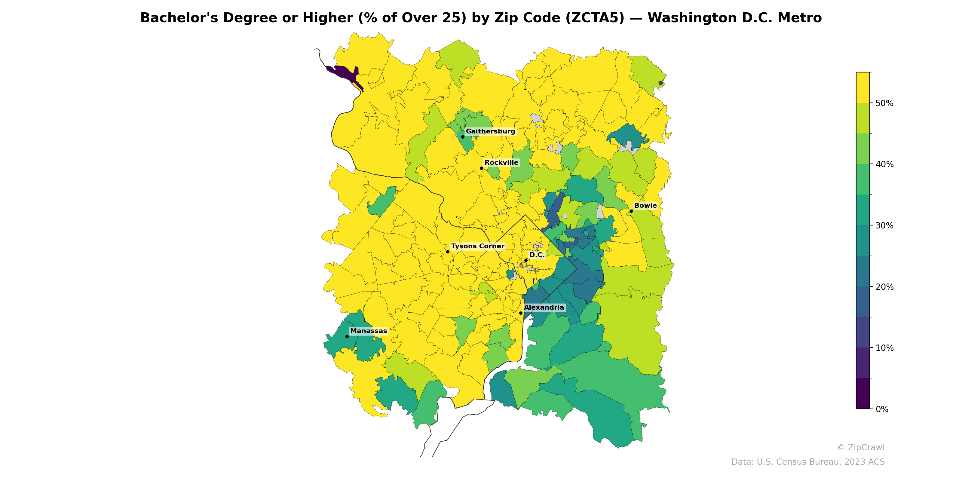 Bachelor's Degree or Higher (% of Over 25) by Zip Code (ZCTA5) — Washington D.C. Metro