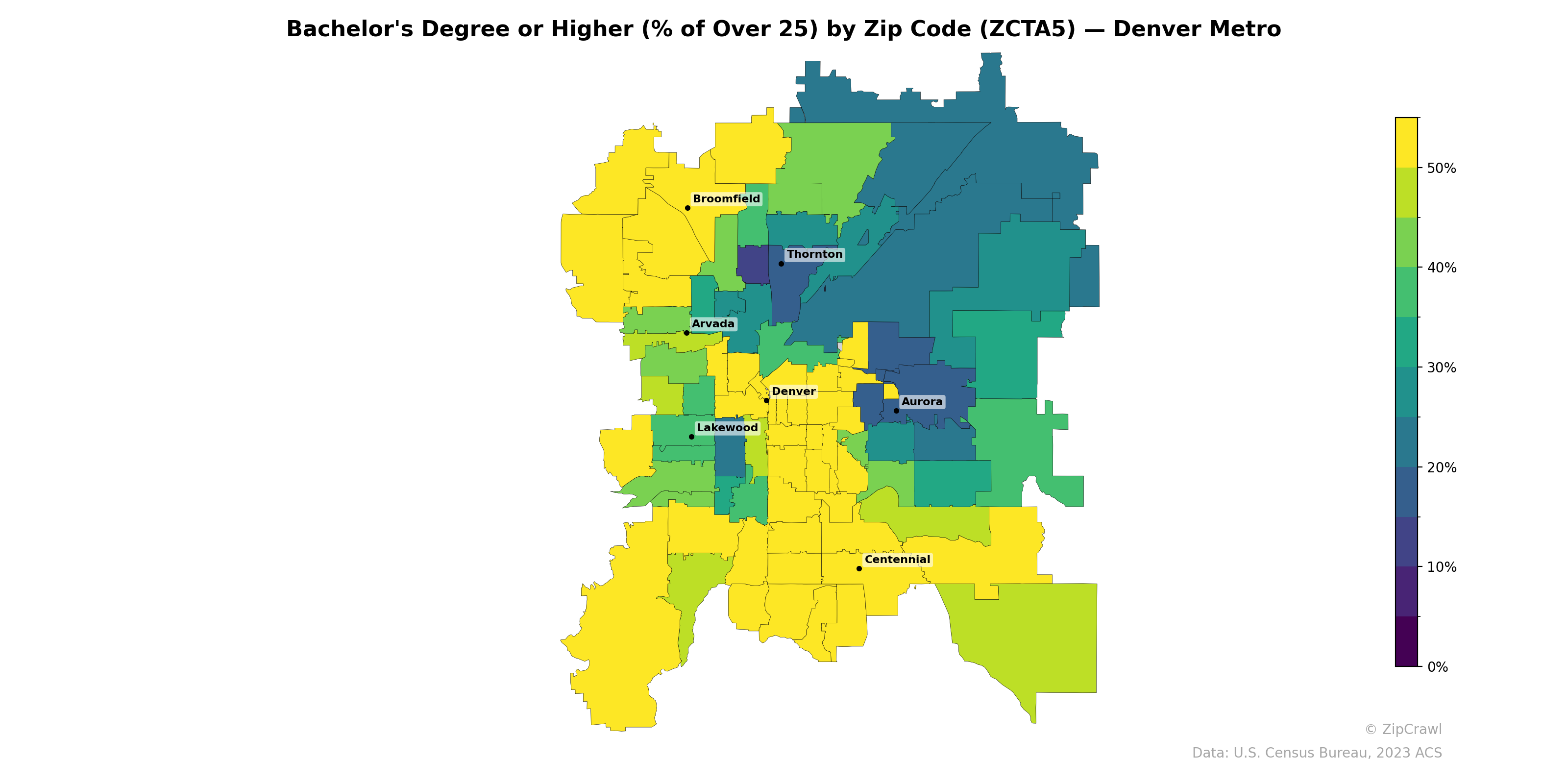 Bachelor's Degree or Higher (% of Over 25) by Zip Code (ZCTA5) — Denver Metro