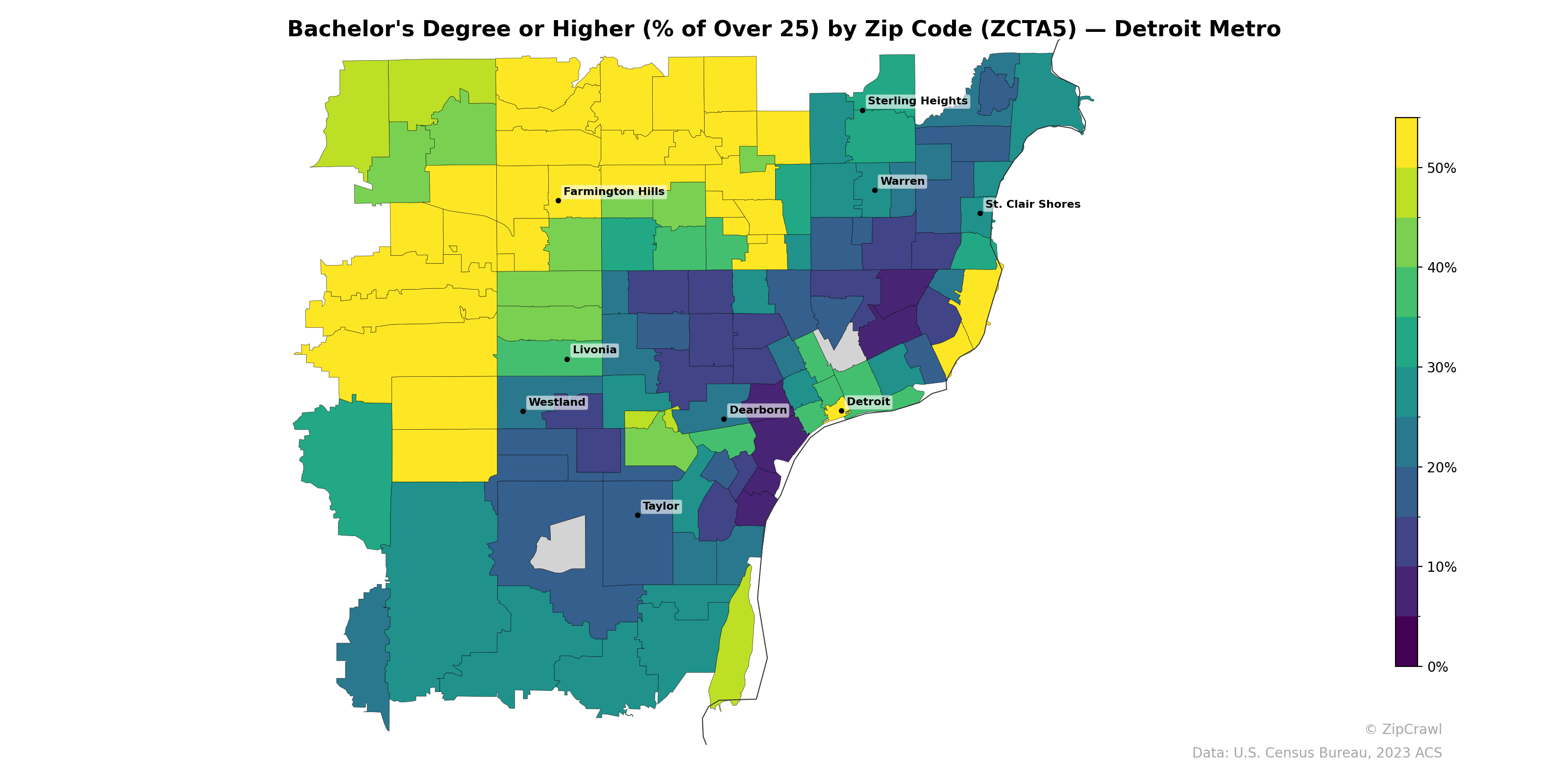 Bachelor's Degree or Higher (% of Over 25) by Zip Code (ZCTA5) — Detroit Metro