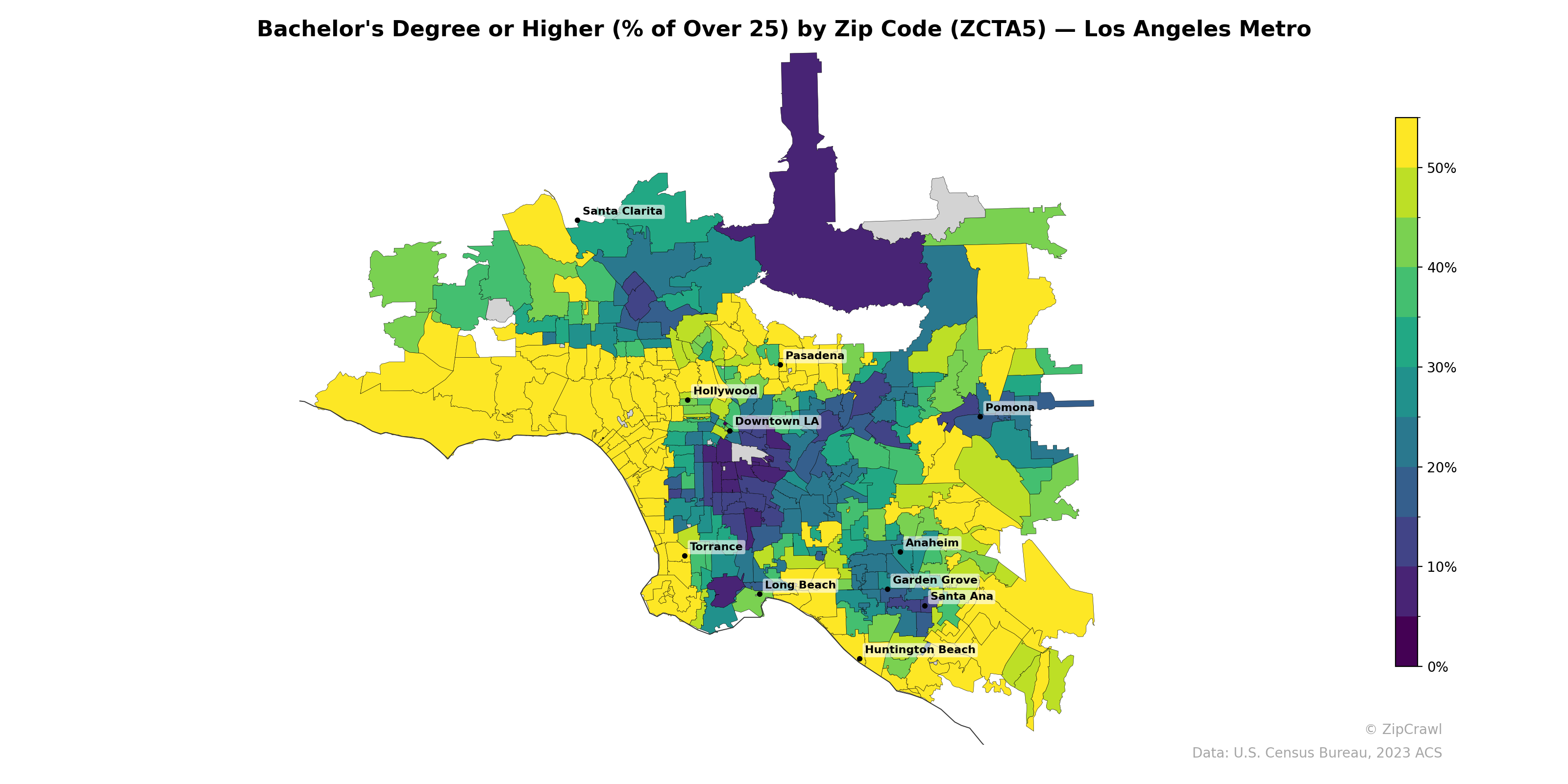 Bachelor's Degree or Higher (% of Over 25) by Zip Code (ZCTA5) — Los Angeles Metro
