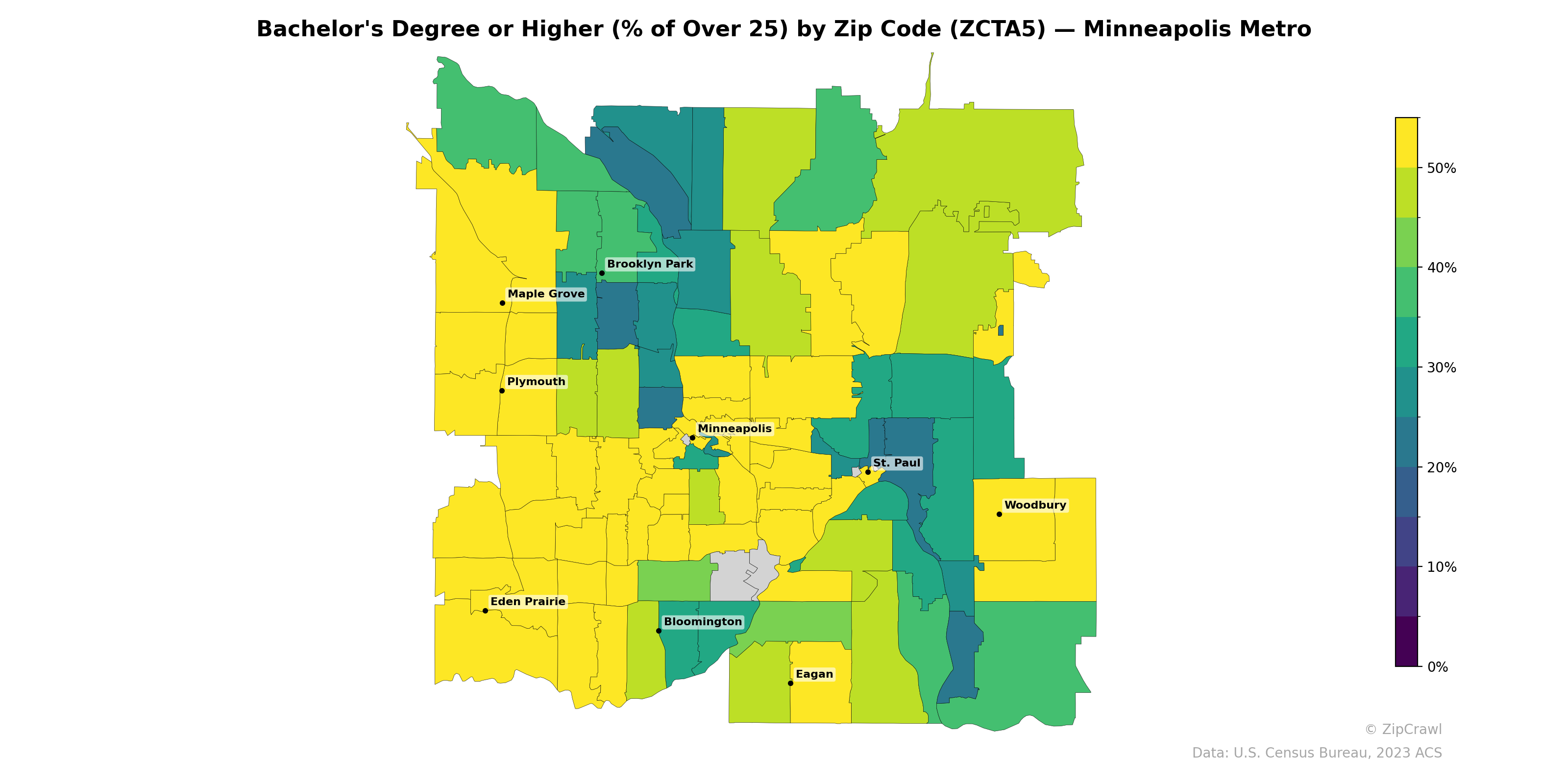 Bachelor's Degree or Higher (% of Over 25) by Zip Code (ZCTA5) — Minneapolis Metro