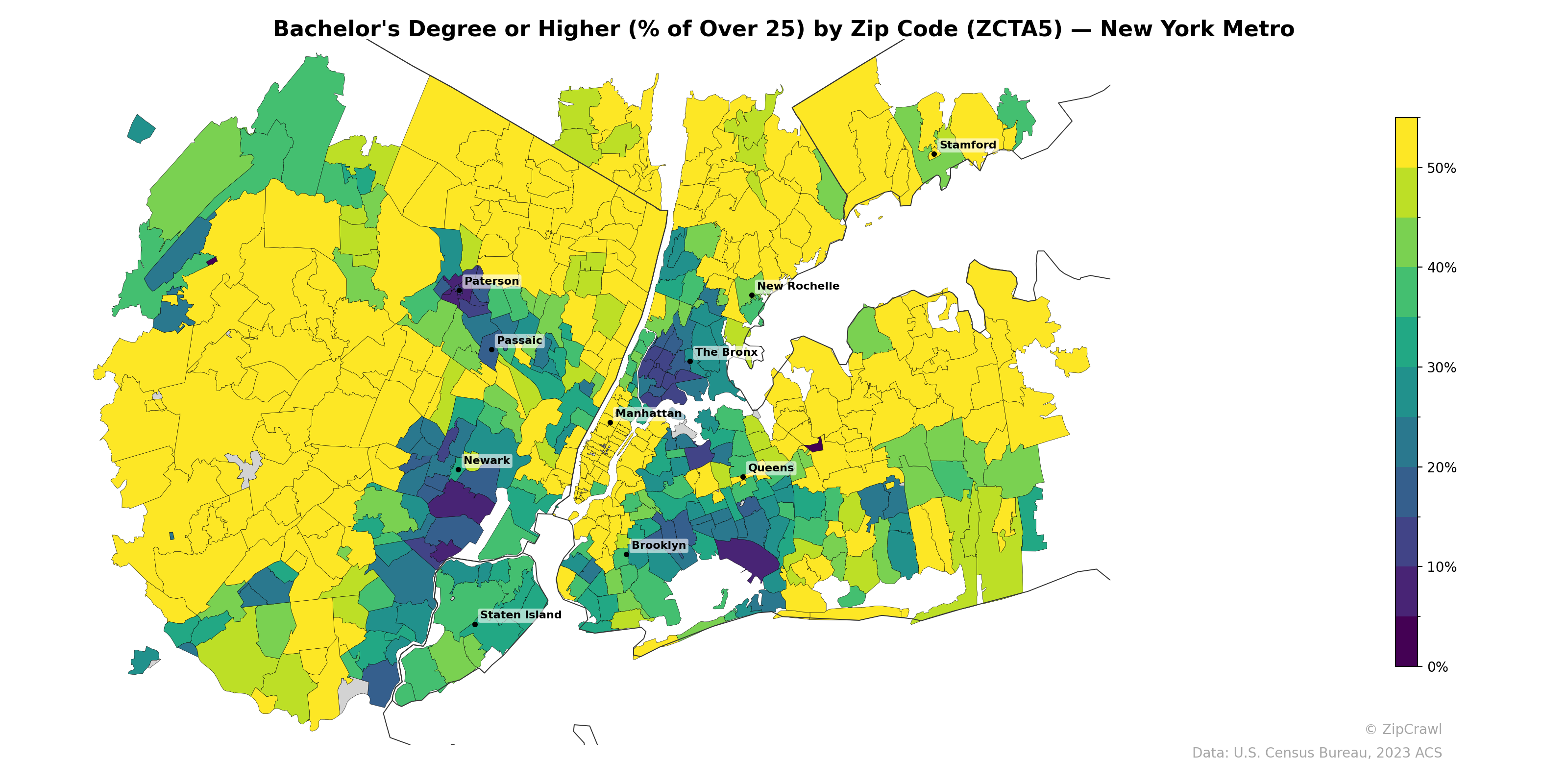 Bachelor's Degree or Higher (% of Over 25) by Zip Code (ZCTA5) — New York Metro