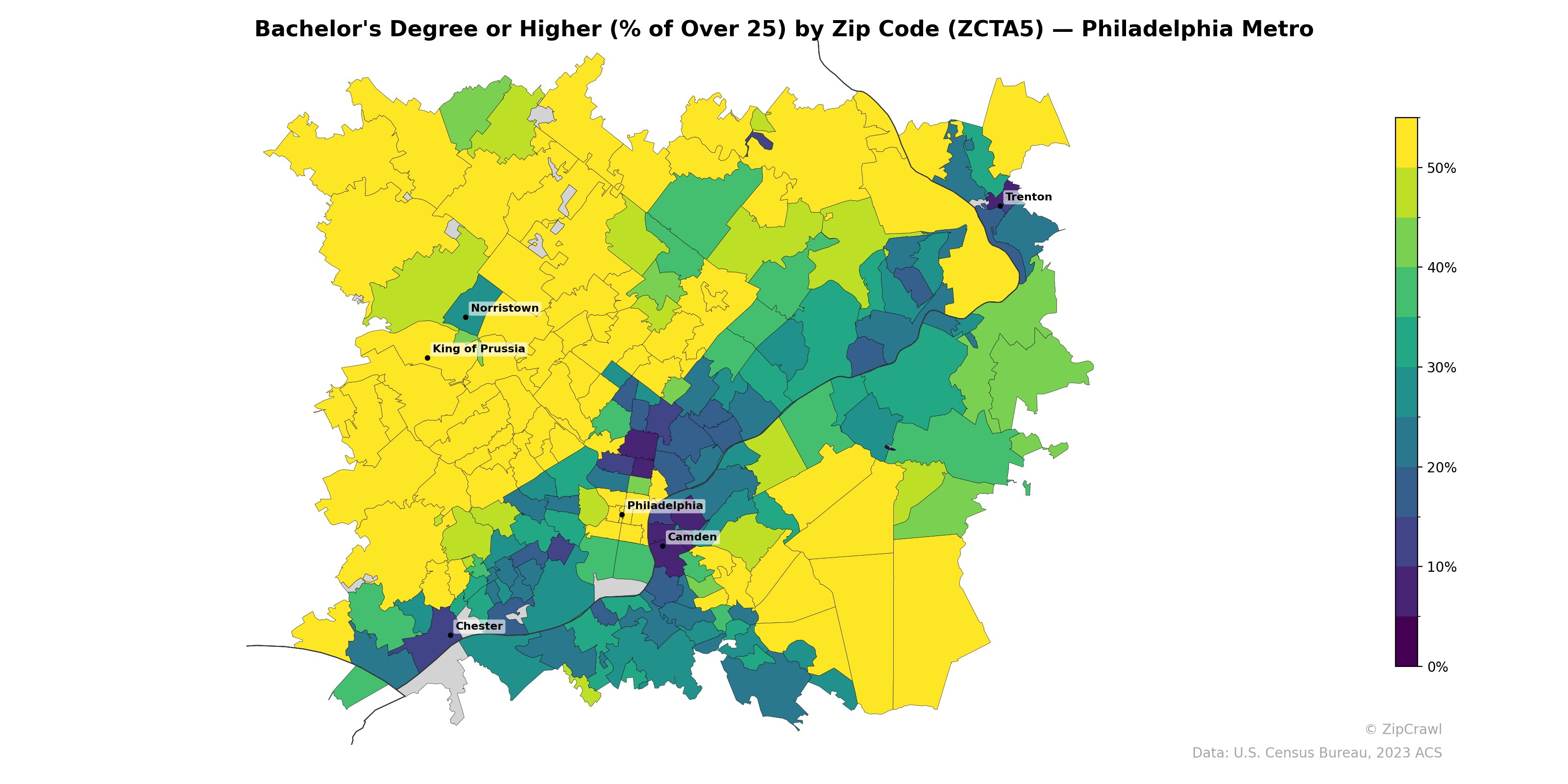 Bachelor's Degree or Higher (% of Over 25) by Zip Code (ZCTA5) — Philadelphia Metro