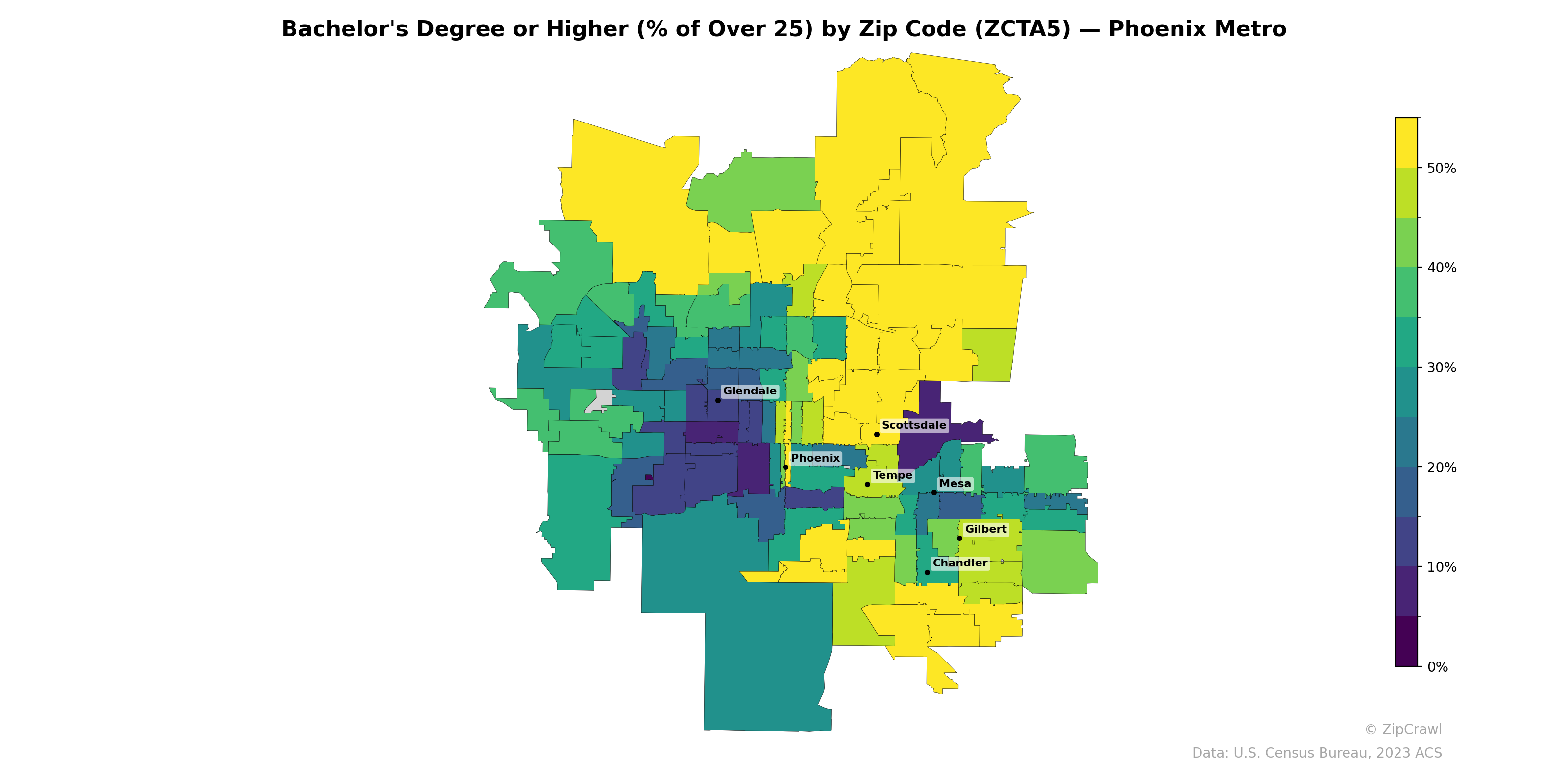 Bachelor's Degree or Higher (% of Over 25) by Zip Code (ZCTA5) — Phoenix Metro