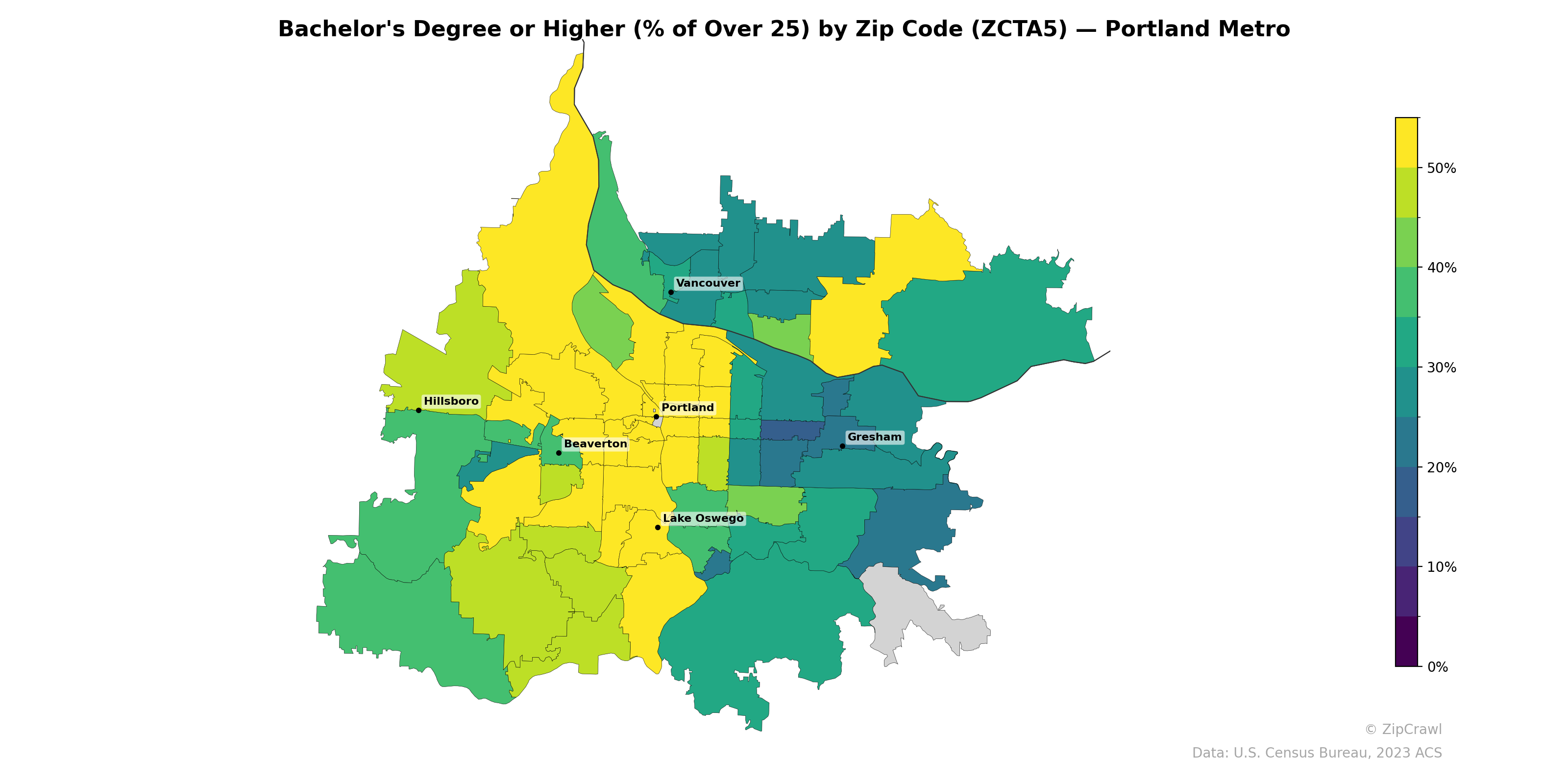 Bachelor's Degree or Higher (% of Over 25) by Zip Code (ZCTA5) — Portland Metro