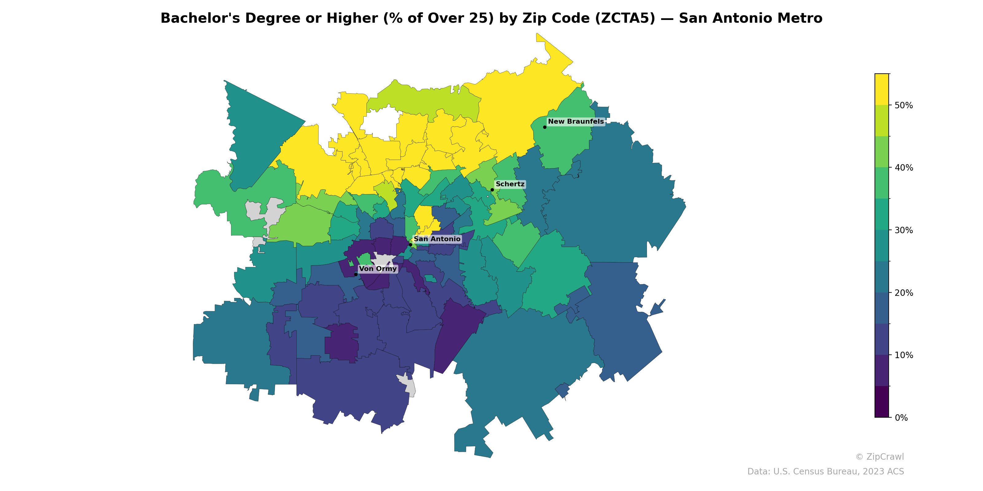 Bachelor's Degree or Higher (% of Over 25) by Zip Code (ZCTA5) — San Antonio Metro