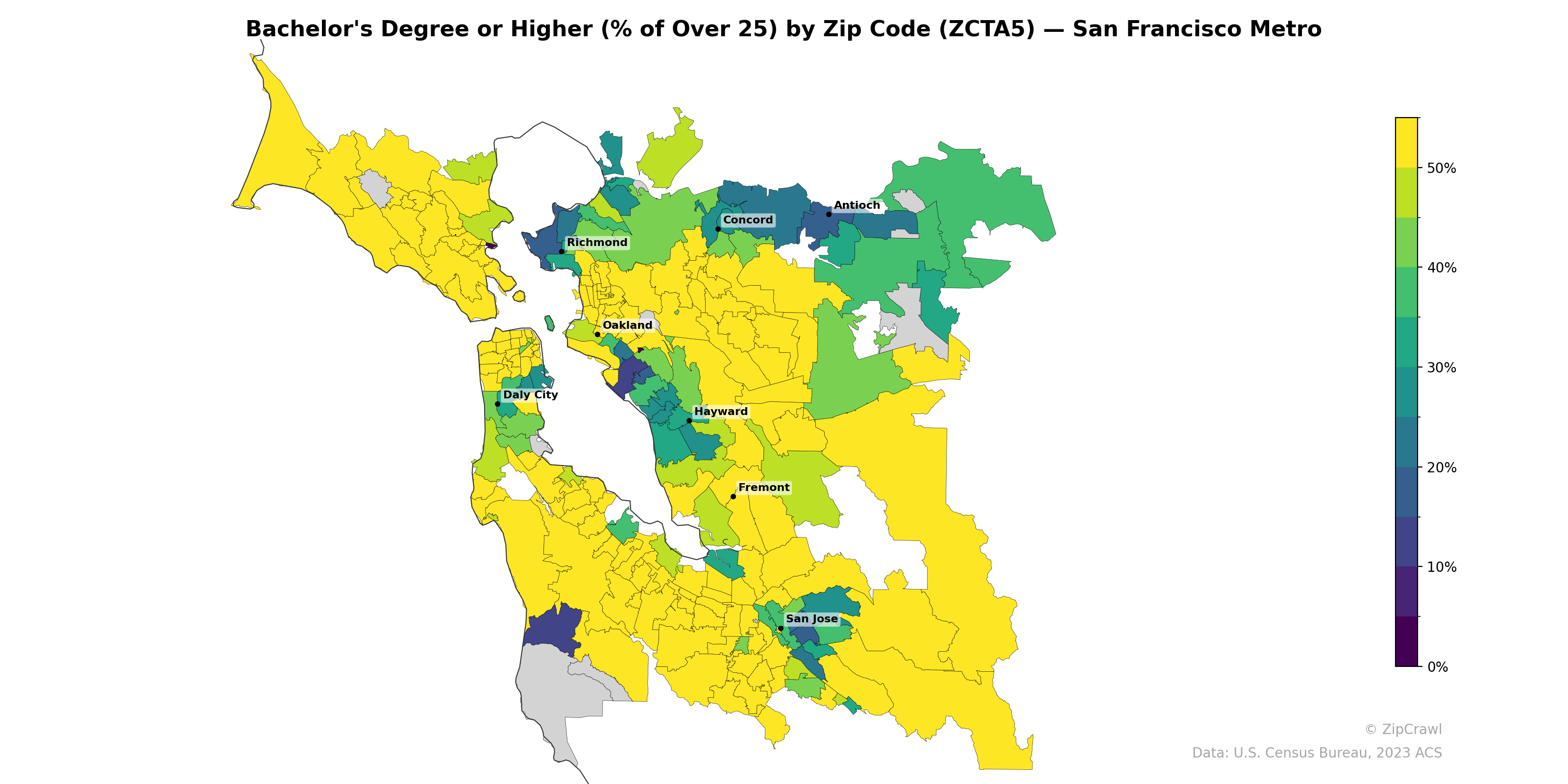 Bachelor's Degree or Higher (% of Over 25) by Zip Code (ZCTA5) — San Francisco Metro
