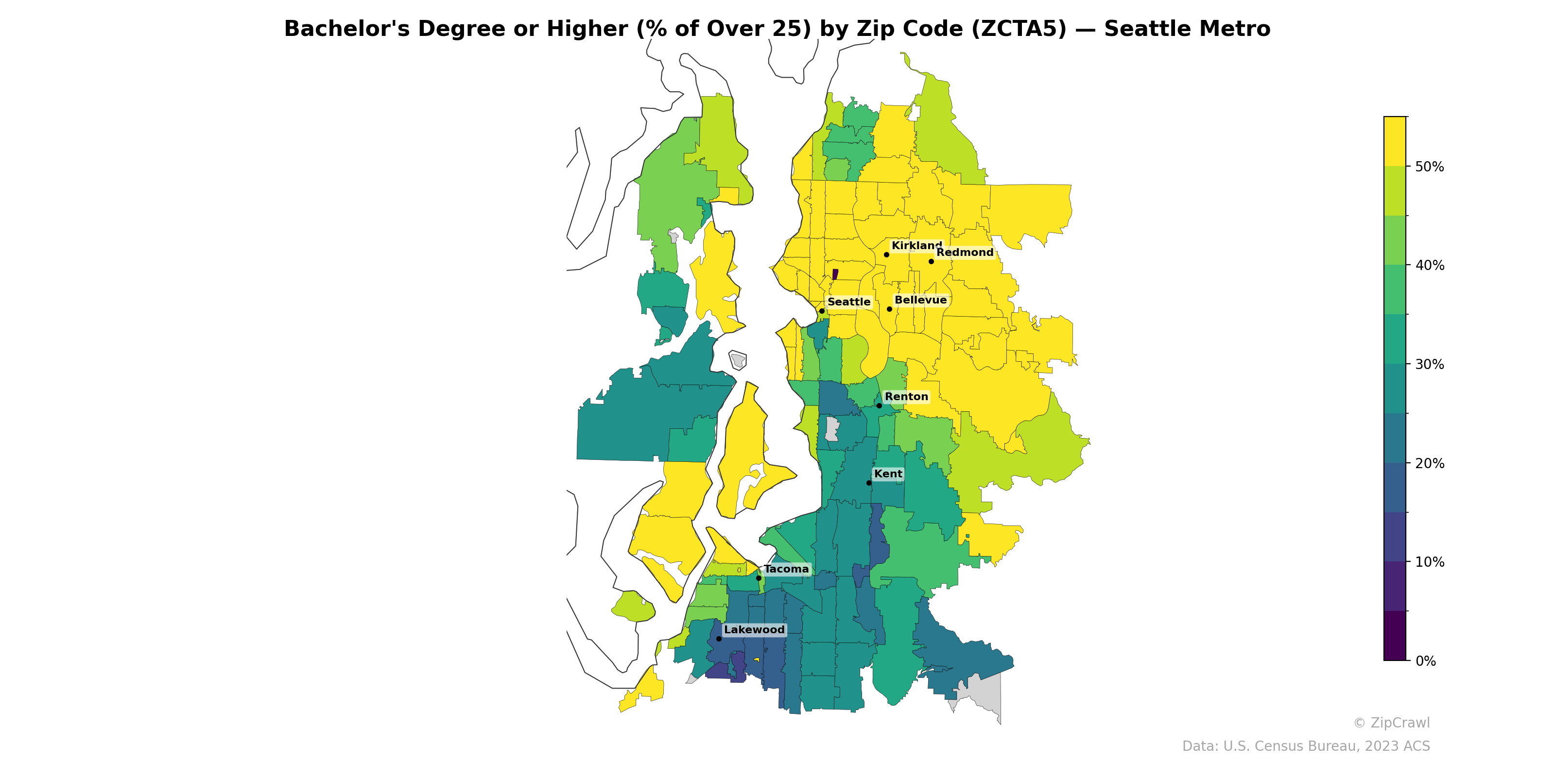 Bachelor's Degree or Higher (% of Over 25) by Zip Code (ZCTA5) — Seattle Metro
