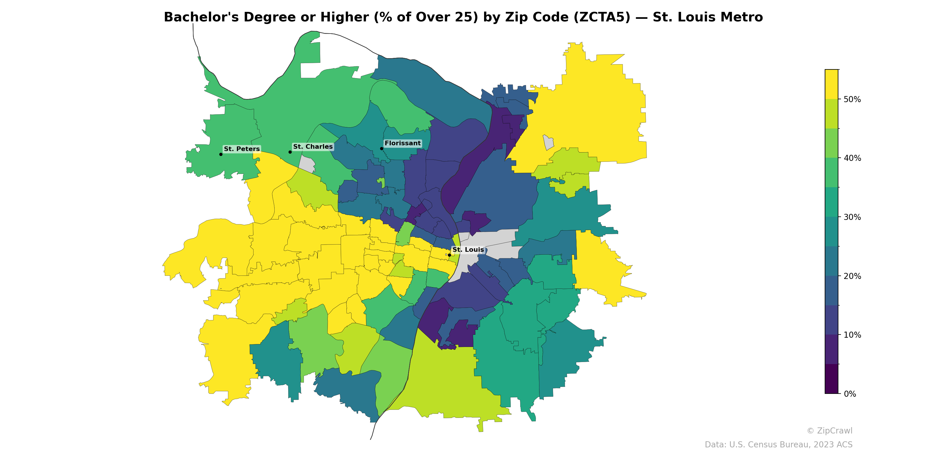 Bachelor's Degree or Higher (% of Over 25) by Zip Code (ZCTA5) — St. Louis Metro