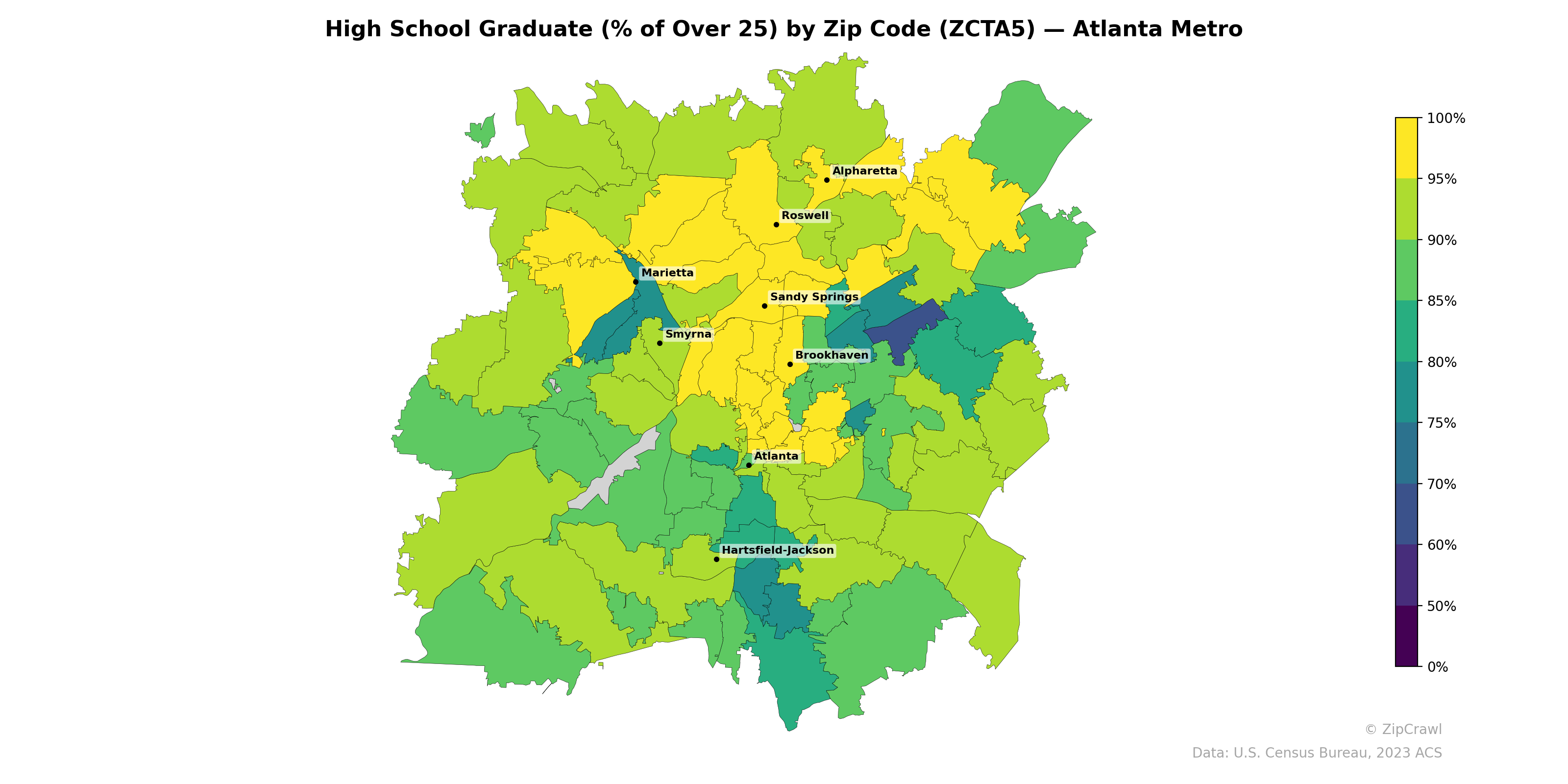 High School Graduate (% of Over 25) by Zip Code (ZCTA5) — Atlanta Metro