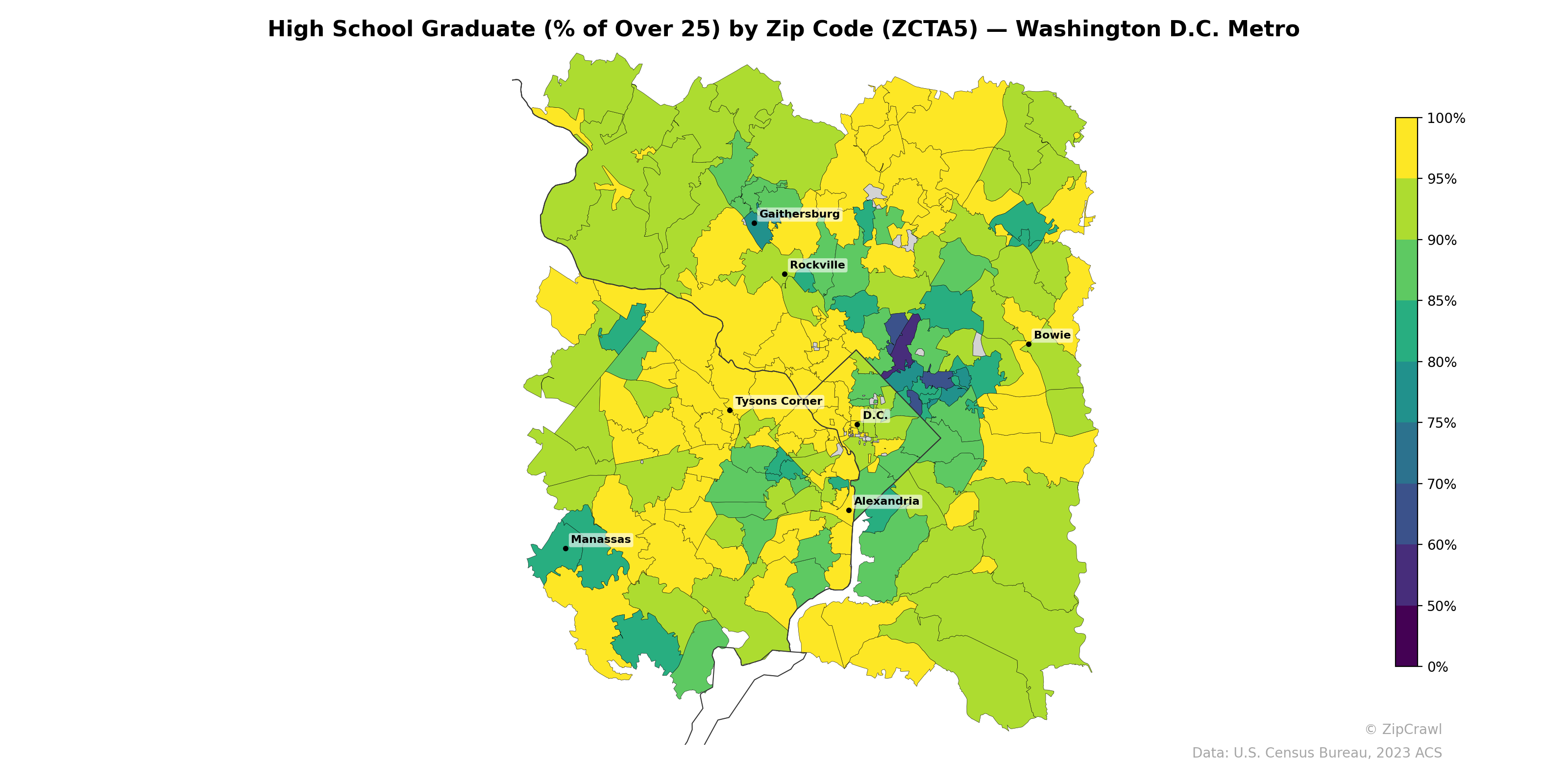 High School Graduate (% of Over 25) by Zip Code (ZCTA5) — Washington D.C. Metro
