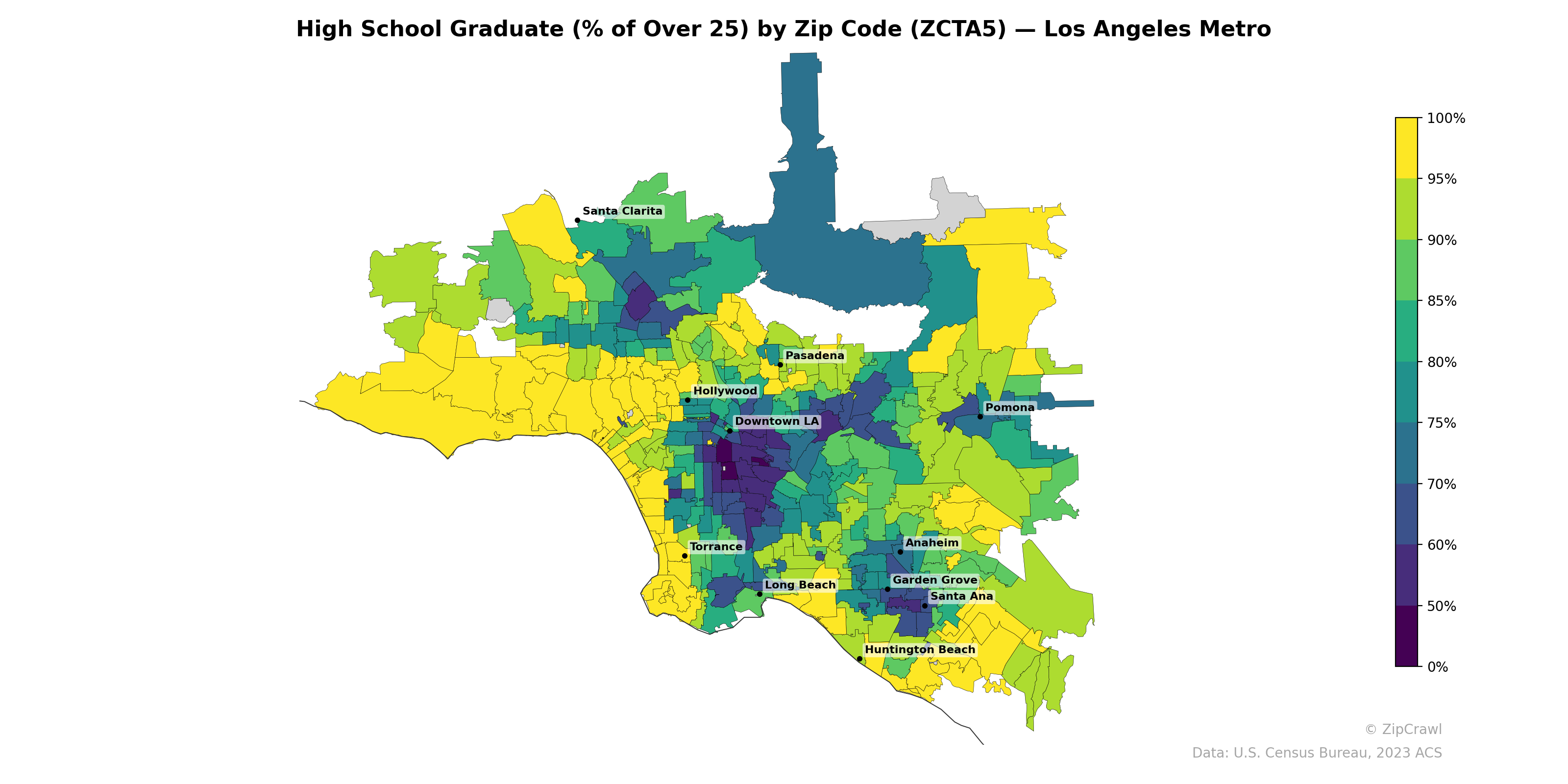 High School Graduate (% of Over 25) by Zip Code (ZCTA5) — Los Angeles Metro