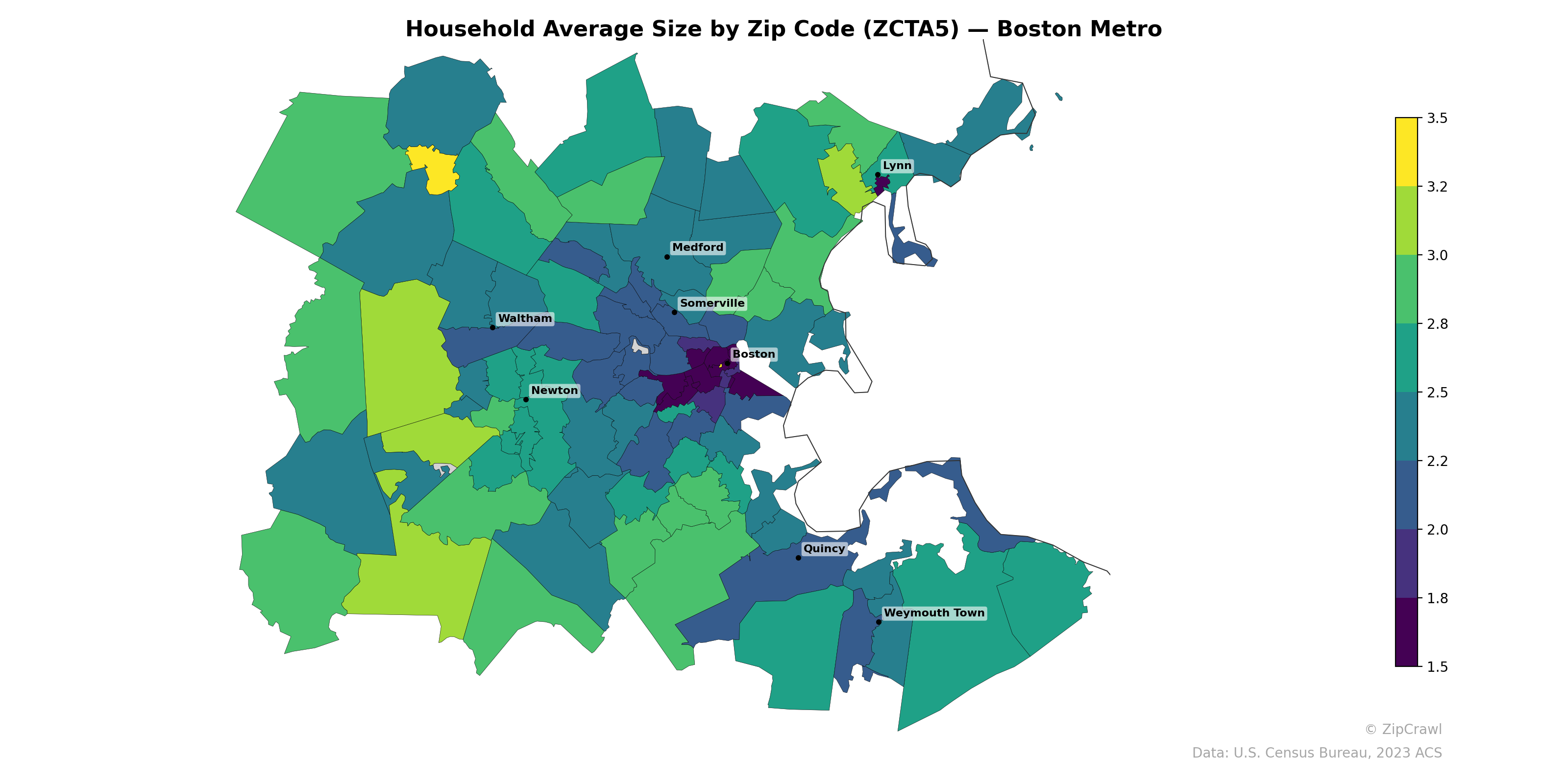 Household Average Size by Zip Code (ZCTA5) — Boston Metro