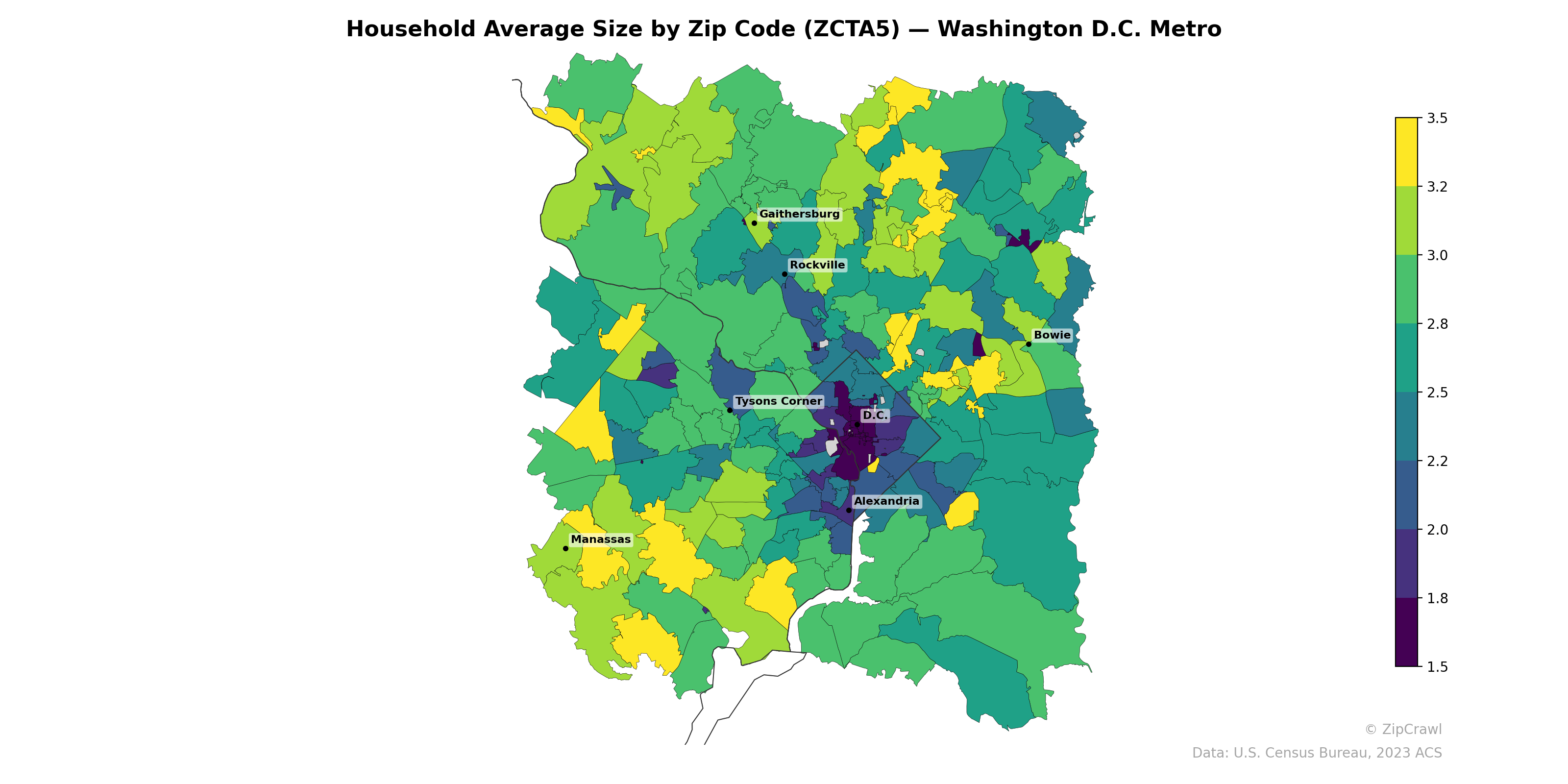 Household Average Size by Zip Code (ZCTA5) — Washington D.C. Metro