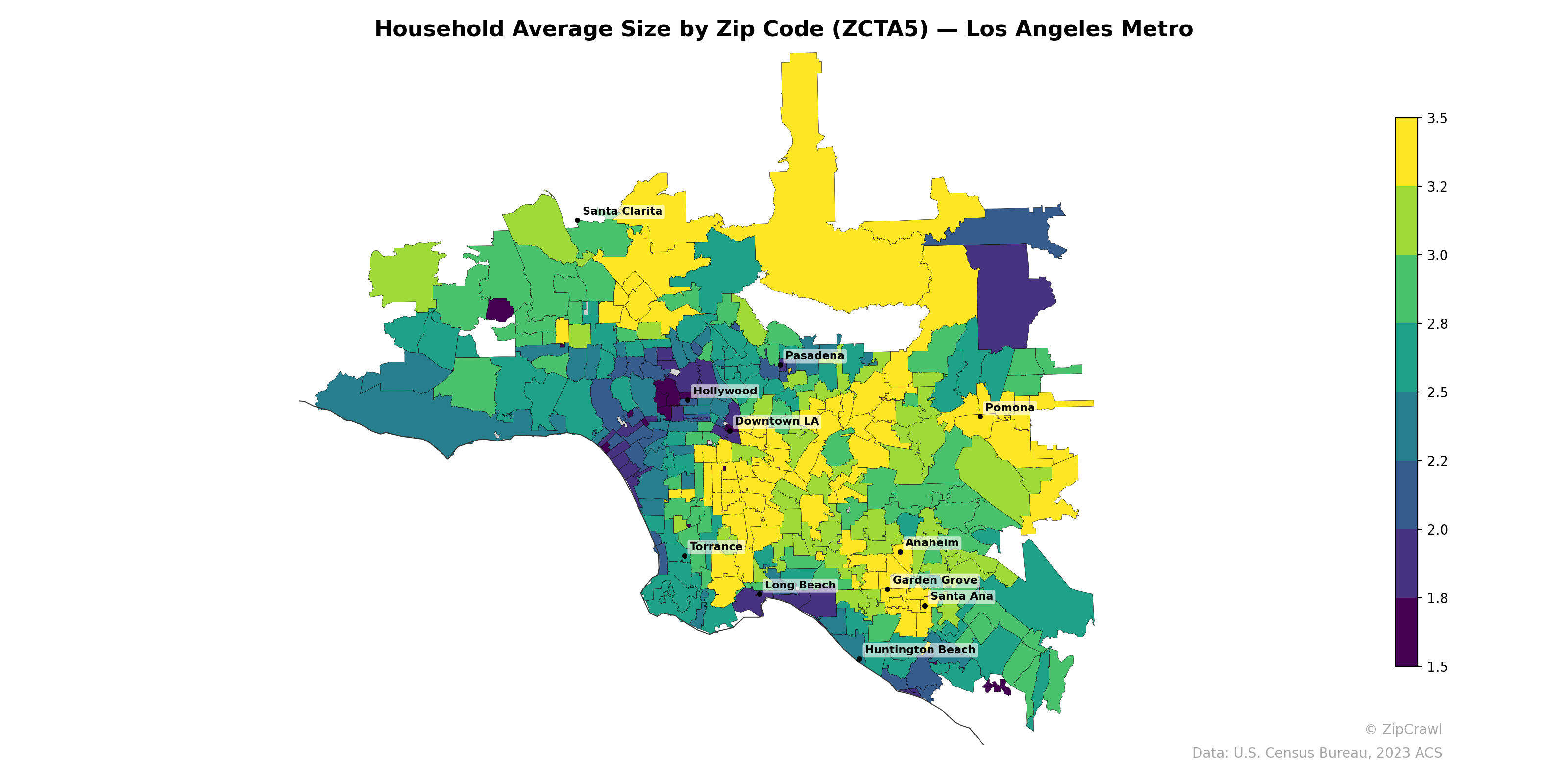Household Average Size by Zip Code (ZCTA5) — Los Angeles Metro