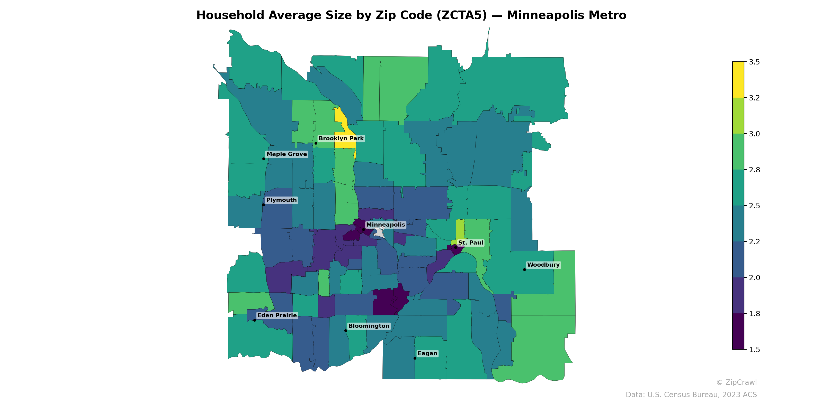 Household Average Size by Zip Code (ZCTA5) — Minneapolis Metro