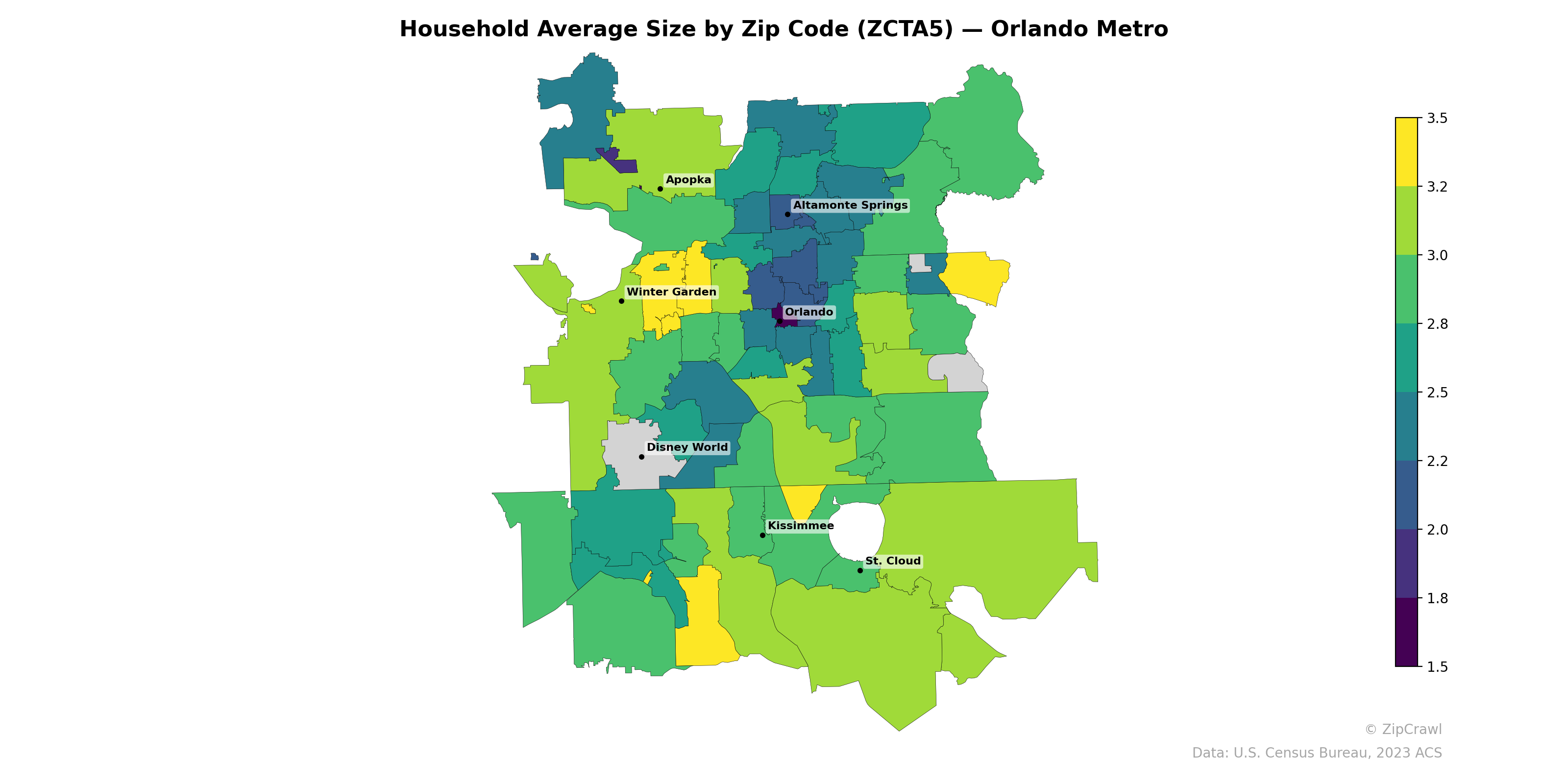 Household Average Size by Zip Code (ZCTA5) — Orlando Metro