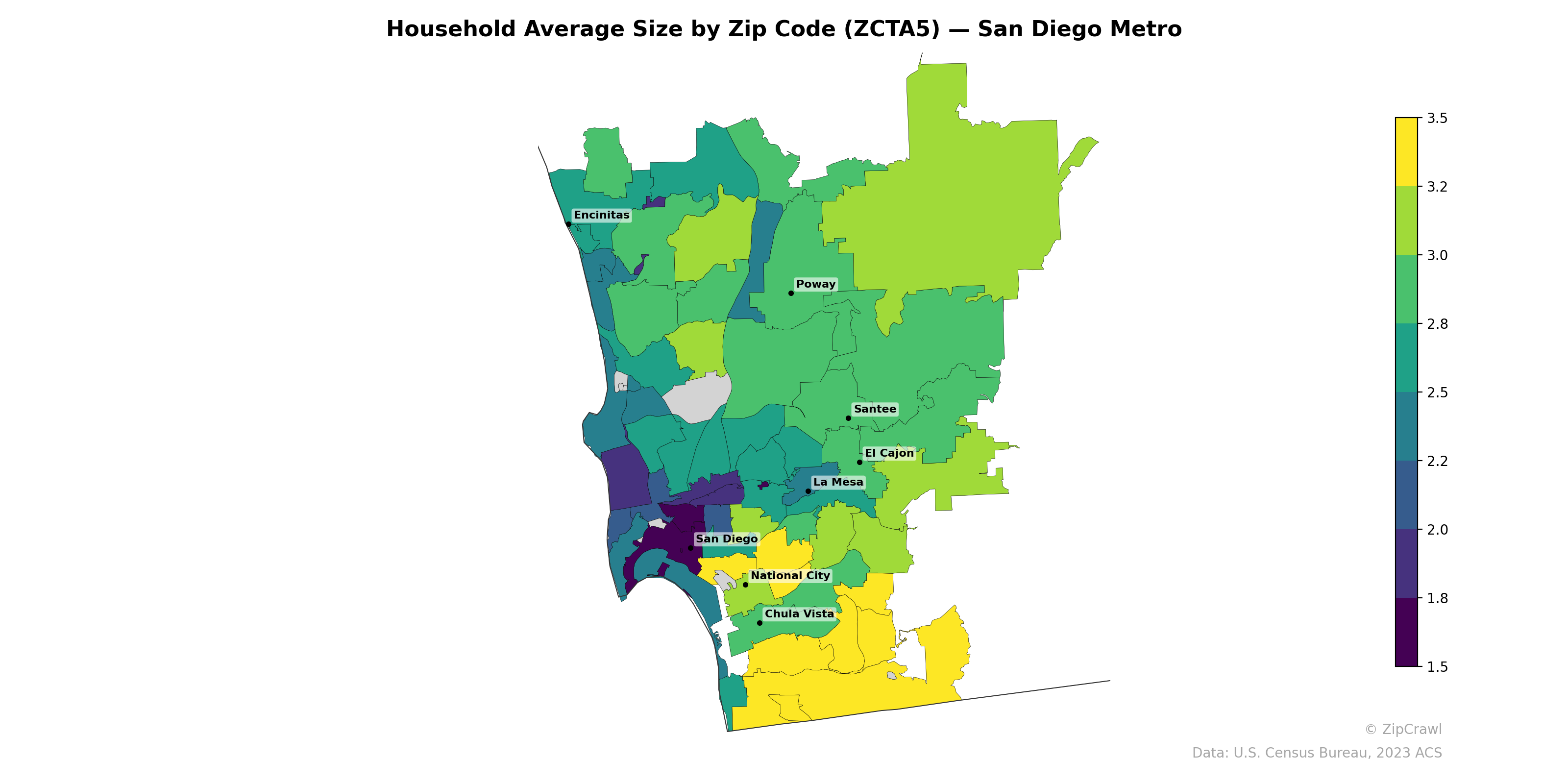 Household Average Size by Zip Code (ZCTA5) — San Diego Metro