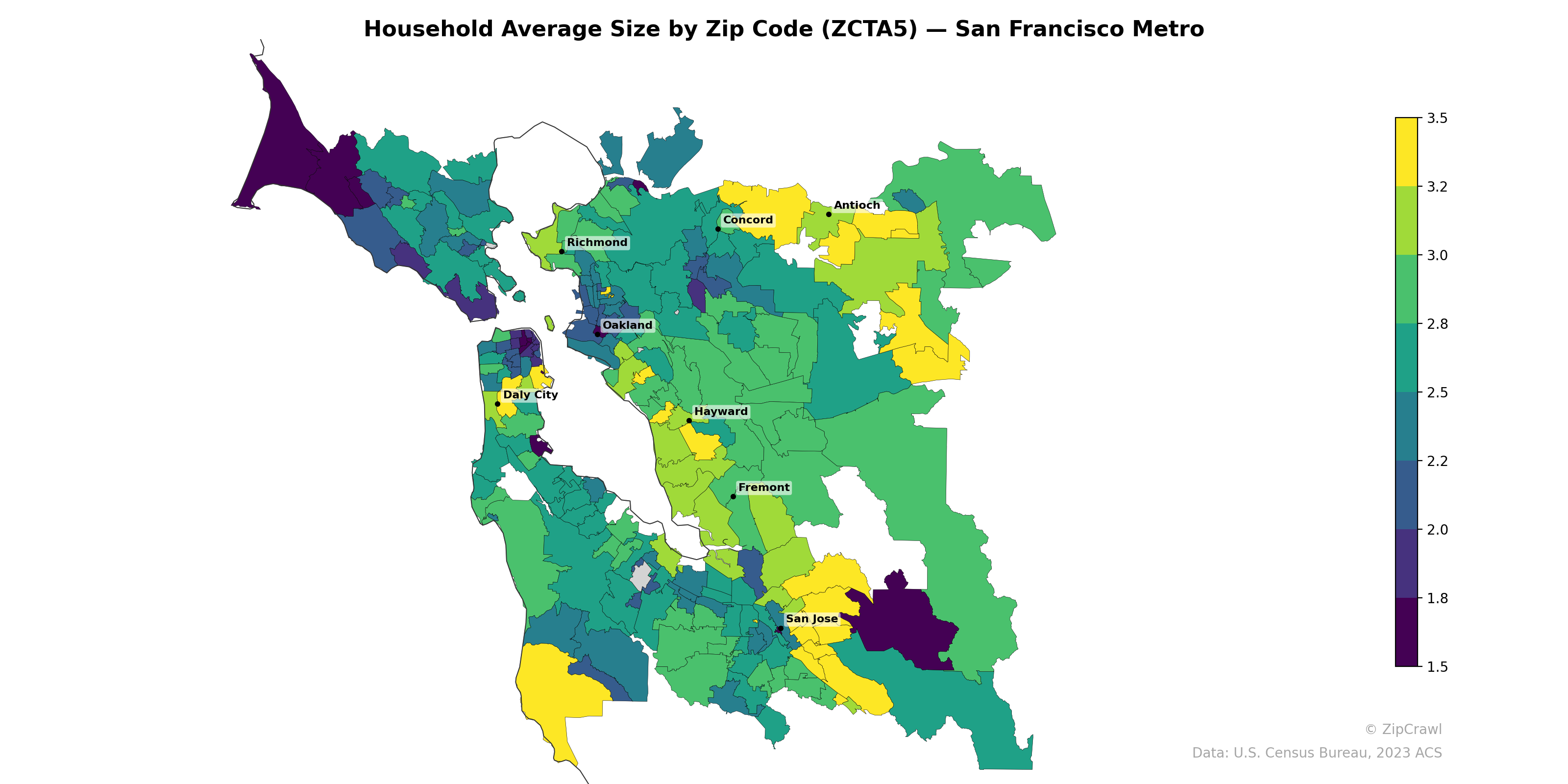 Household Average Size by Zip Code (ZCTA5) — San Francisco Metro