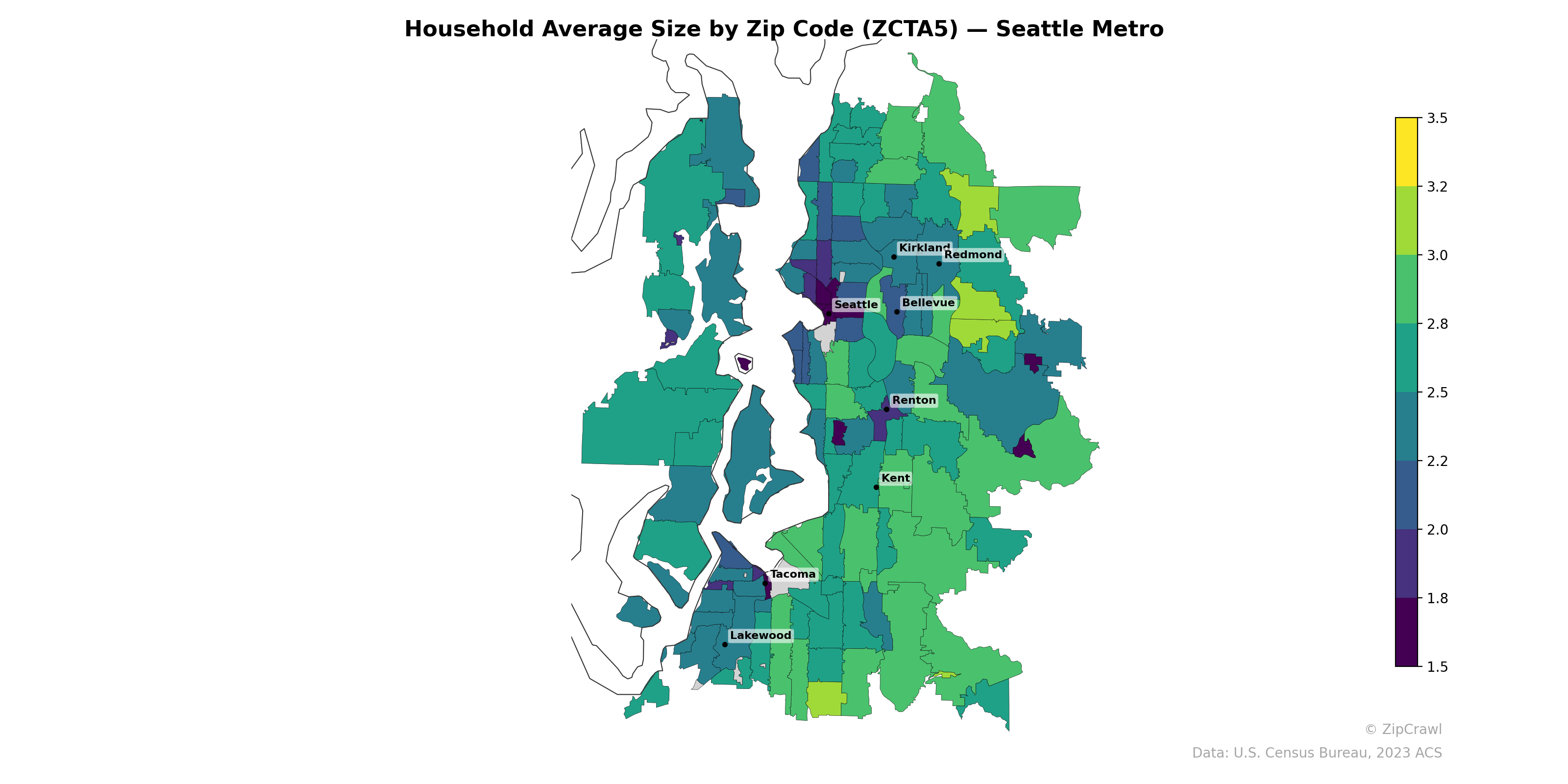 Household Average Size by Zip Code (ZCTA5) — Seattle Metro