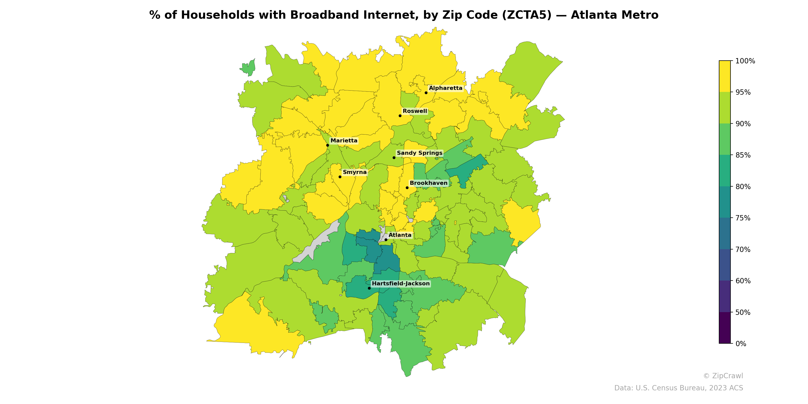 % of Households with Broadband Internet, by Zip Code (ZCTA5) — Atlanta Metro