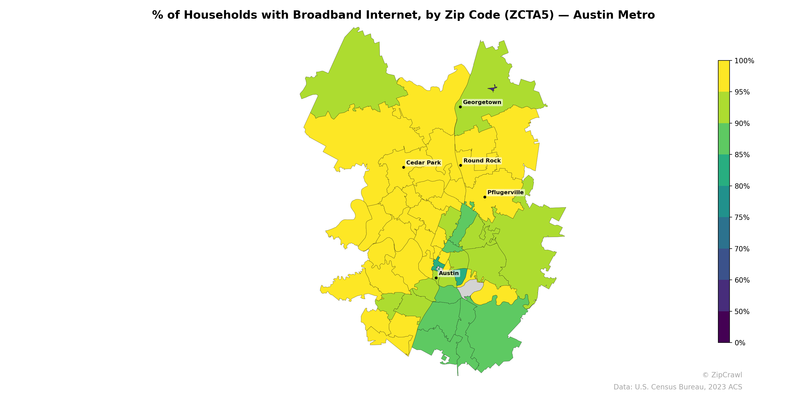 % of Households with Broadband Internet, by Zip Code (ZCTA5) — Austin Metro