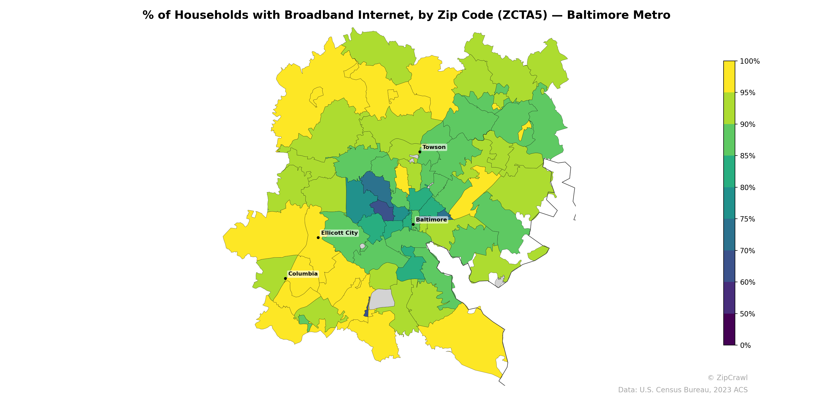 % of Households with Broadband Internet, by Zip Code (ZCTA5) — Baltimore Metro