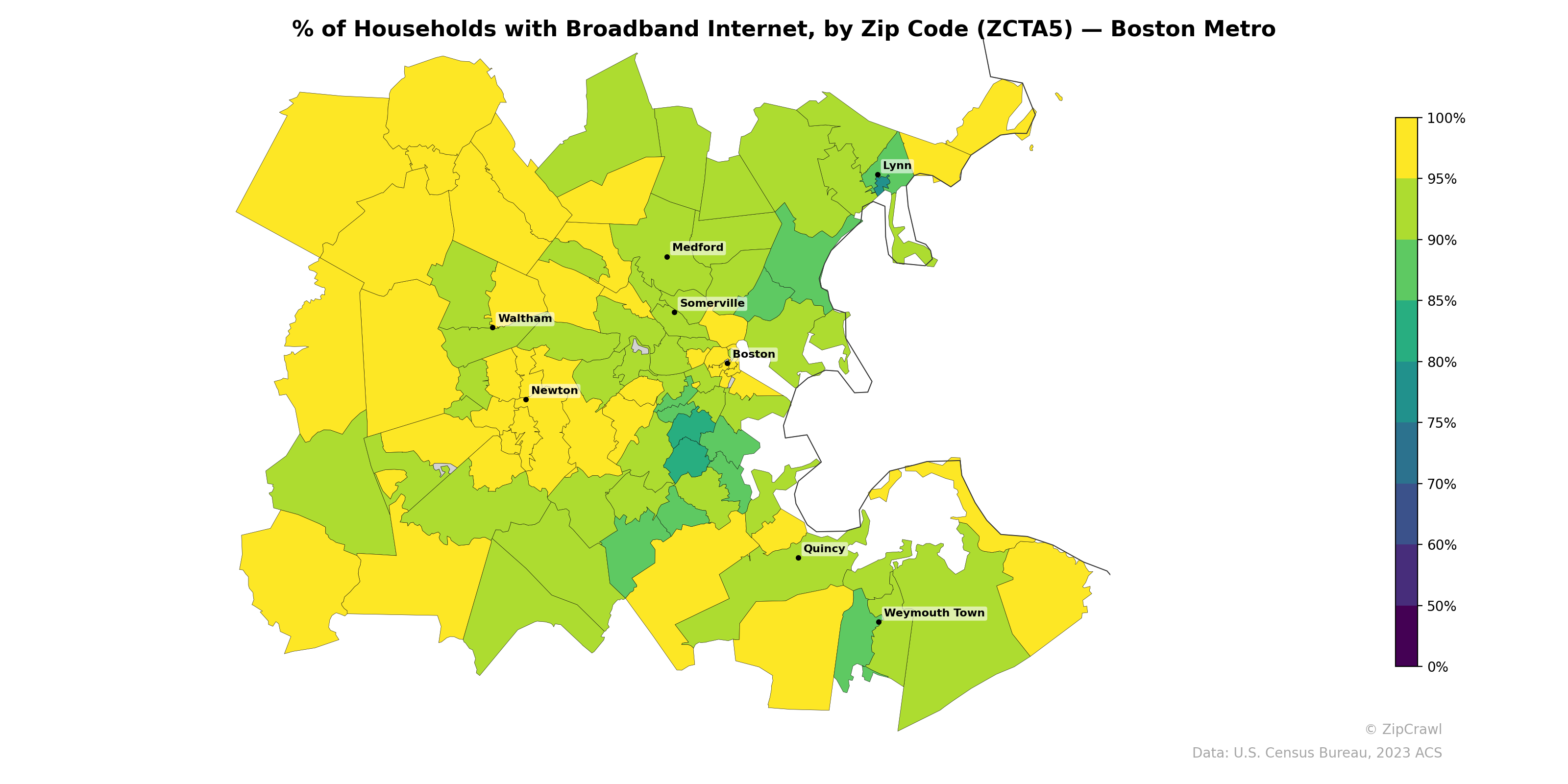 % of Households with Broadband Internet, by Zip Code (ZCTA5) — Boston Metro