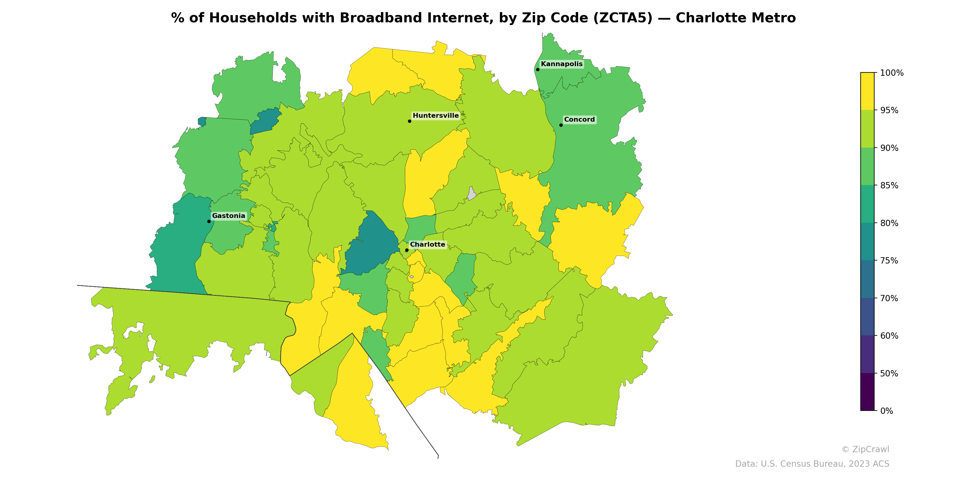 % of Households with Broadband Internet, by Zip Code (ZCTA5) — Charlotte Metro