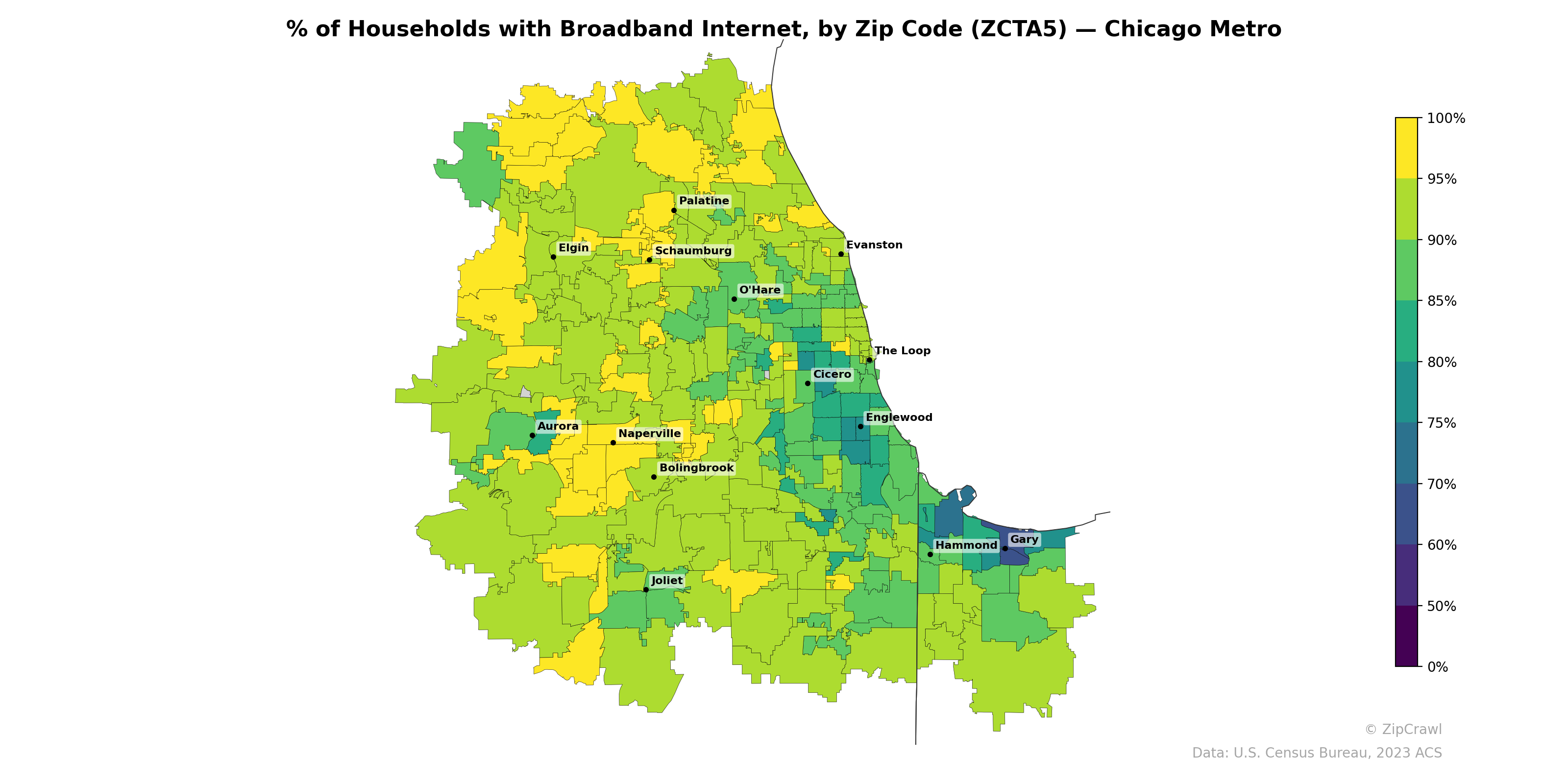 % of Households with Broadband Internet, by Zip Code (ZCTA5) — Chicago Metro