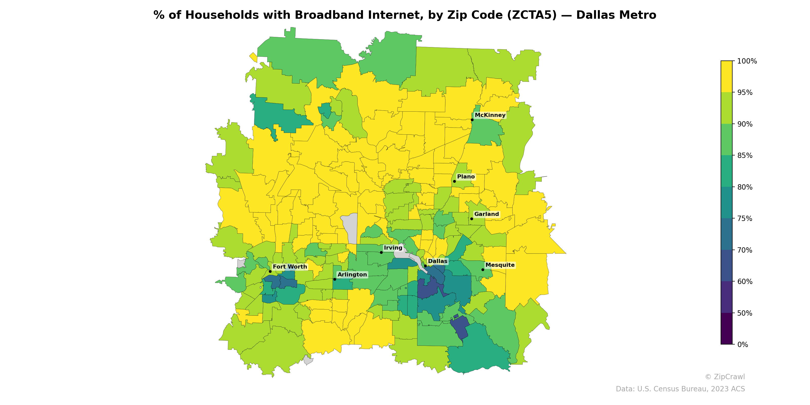 % of Households with Broadband Internet, by Zip Code (ZCTA5) — Dallas Metro