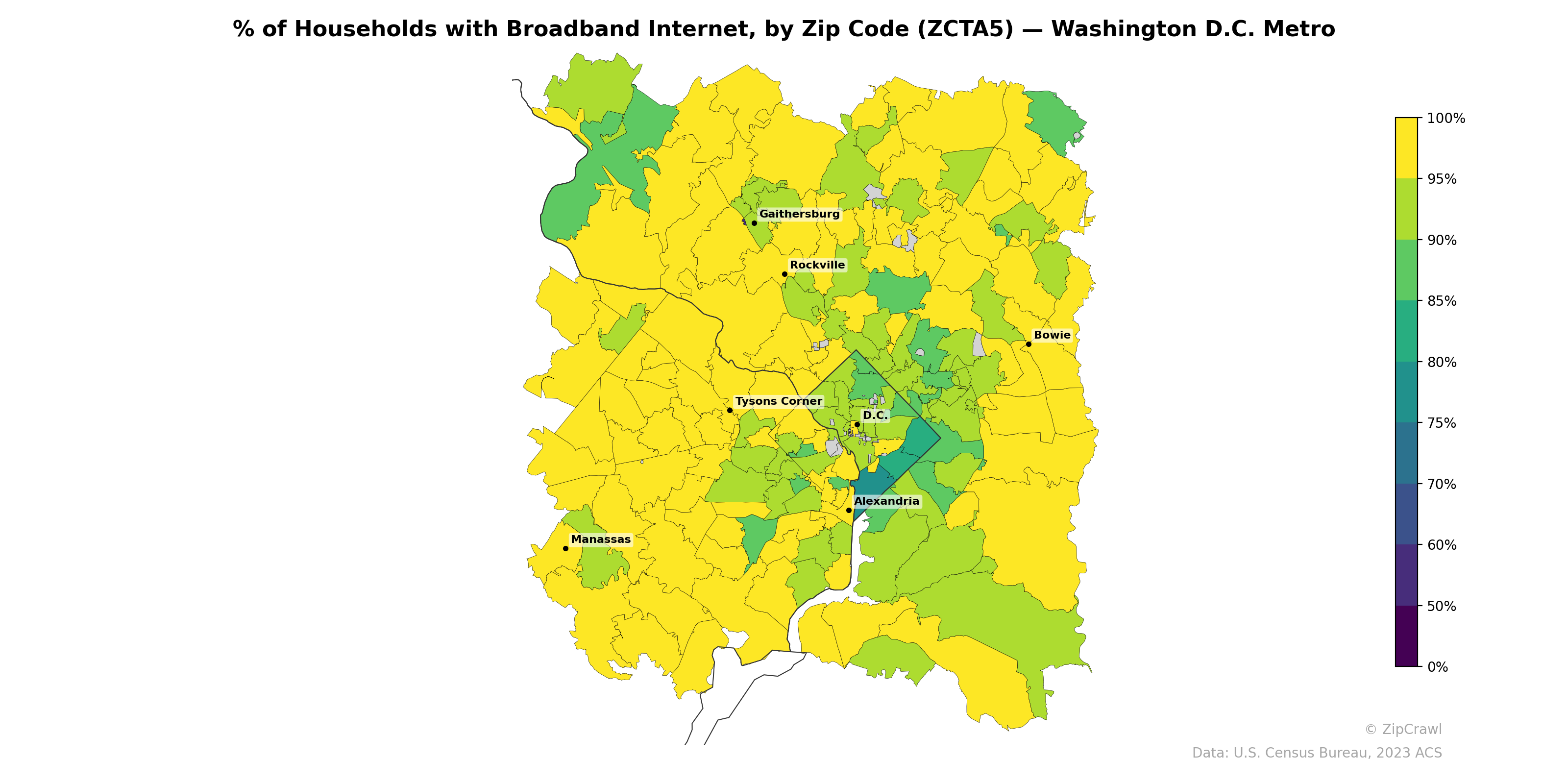 % of Households with Broadband Internet, by Zip Code (ZCTA5) — Washington D.C. Metro