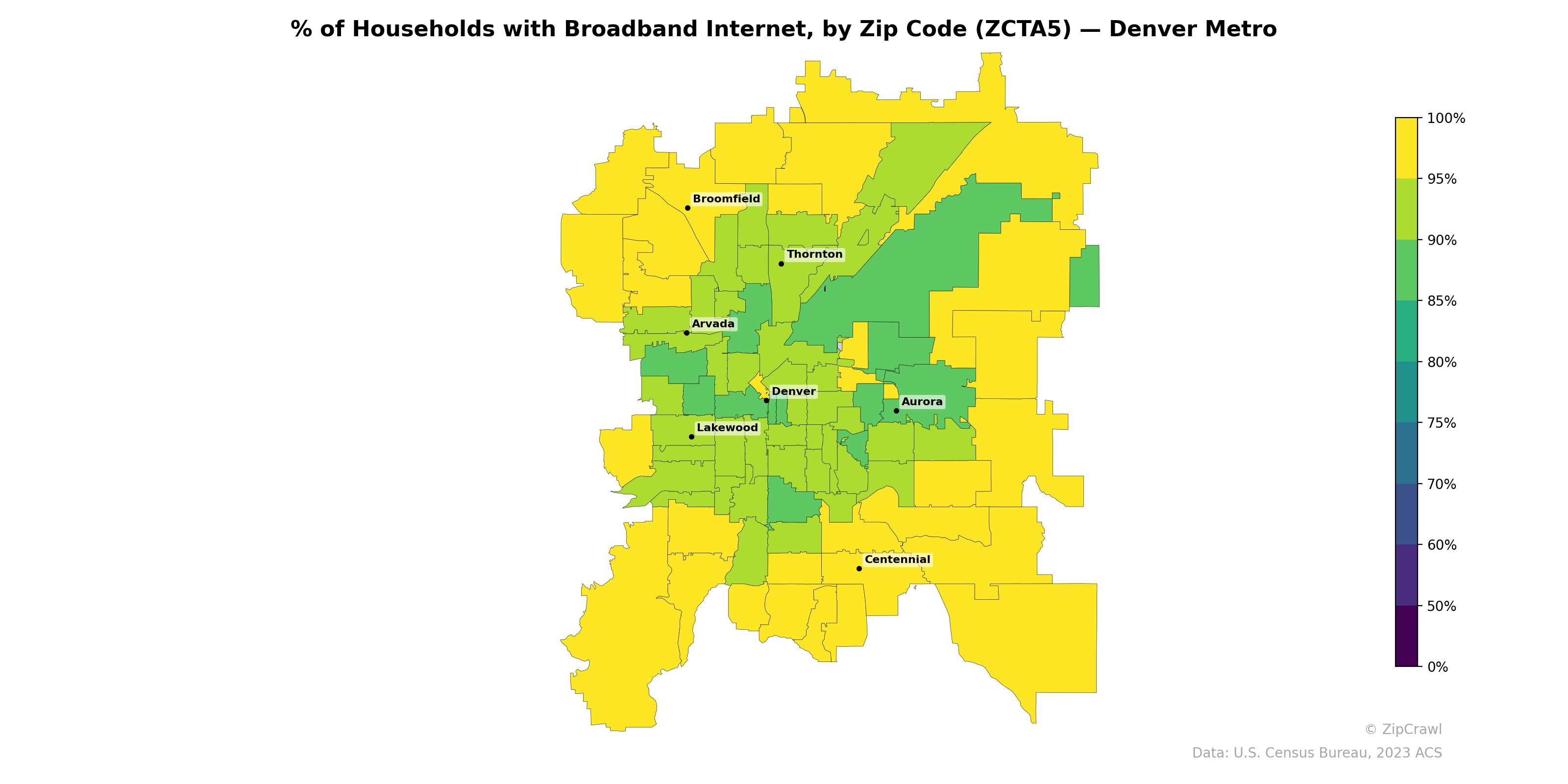 % of Households with Broadband Internet, by Zip Code (ZCTA5) — Denver Metro