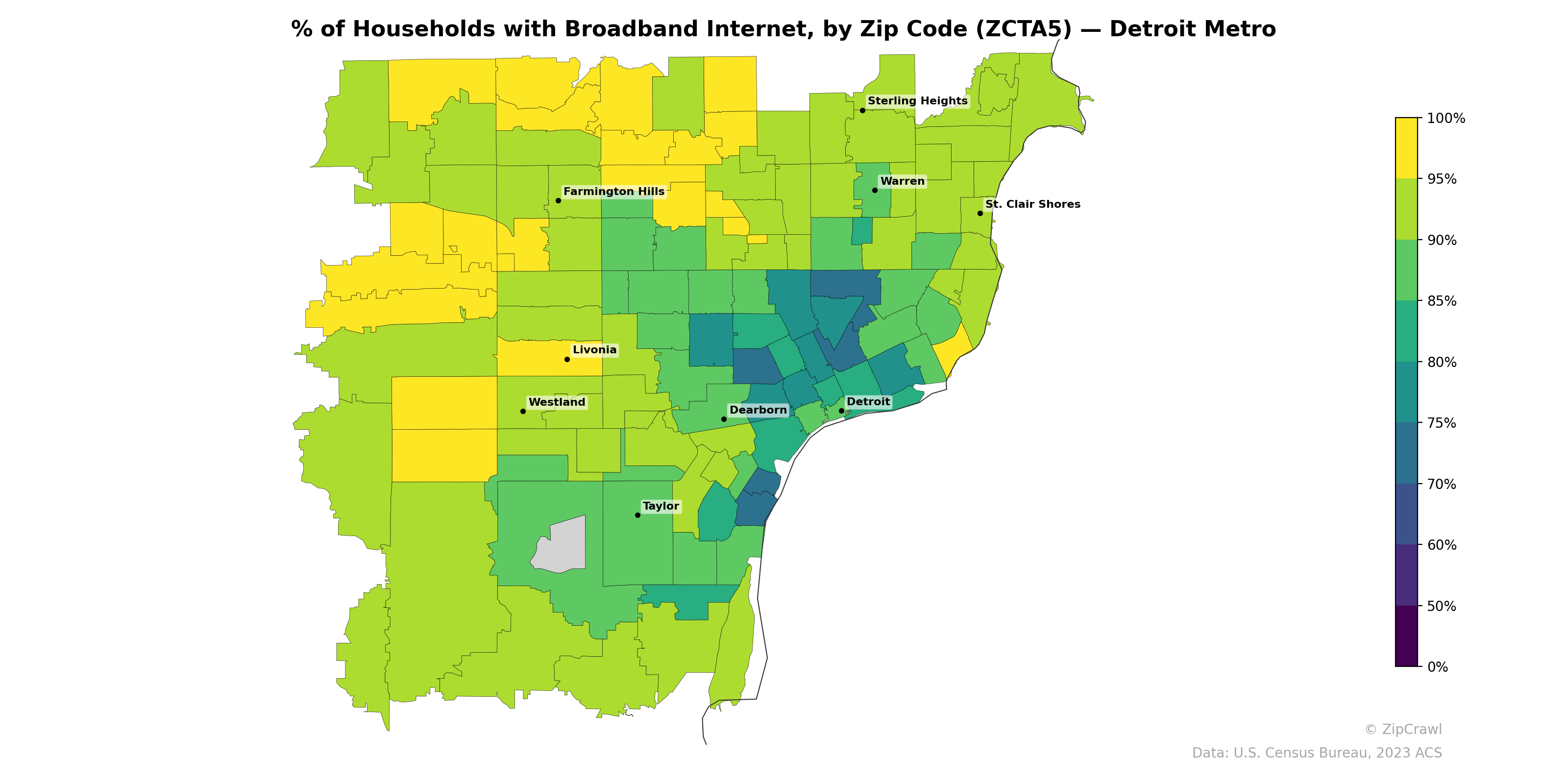 % of Households with Broadband Internet, by Zip Code (ZCTA5) — Detroit Metro