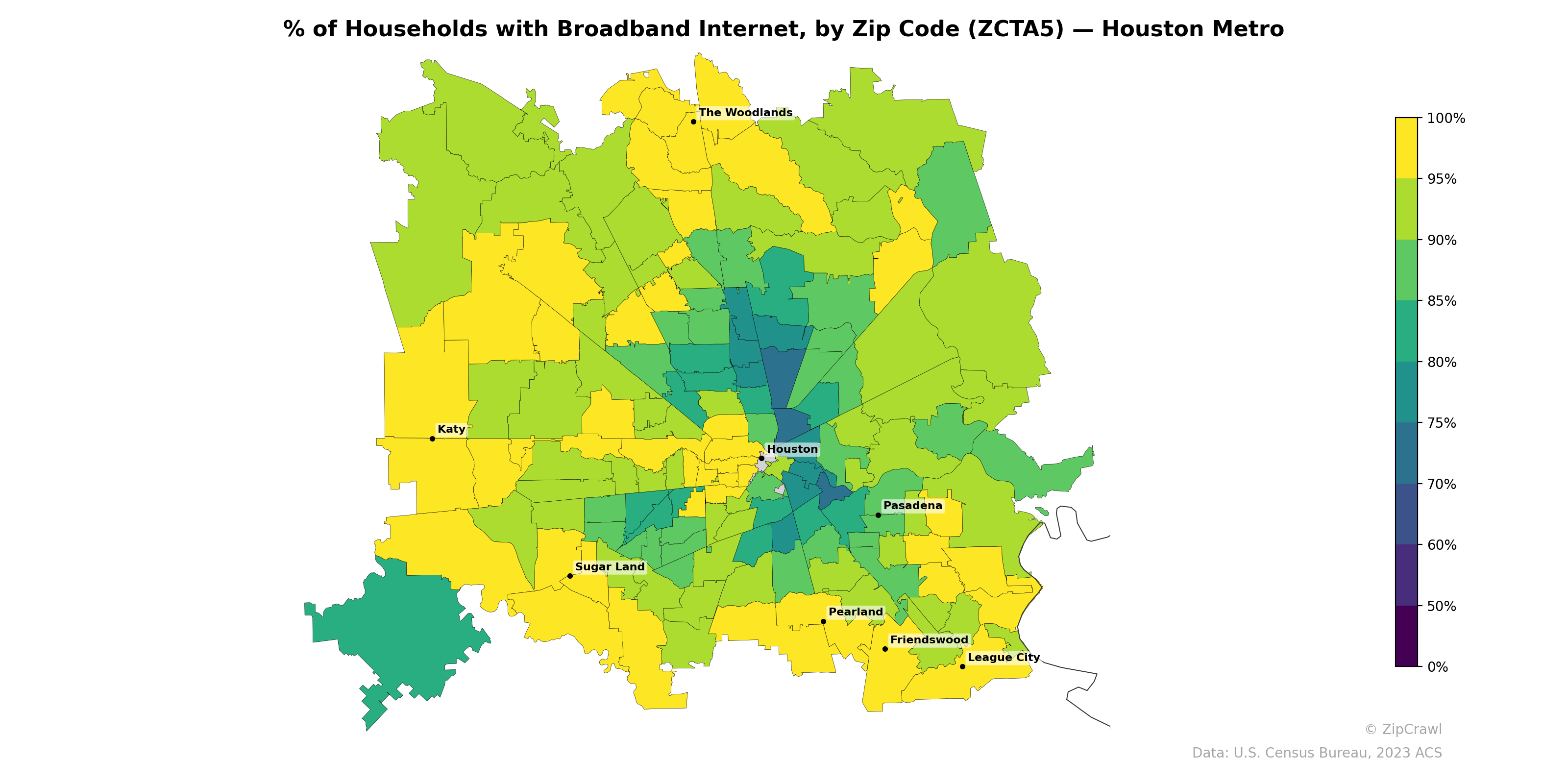 % of Households with Broadband Internet, by Zip Code (ZCTA5) — Houston Metro