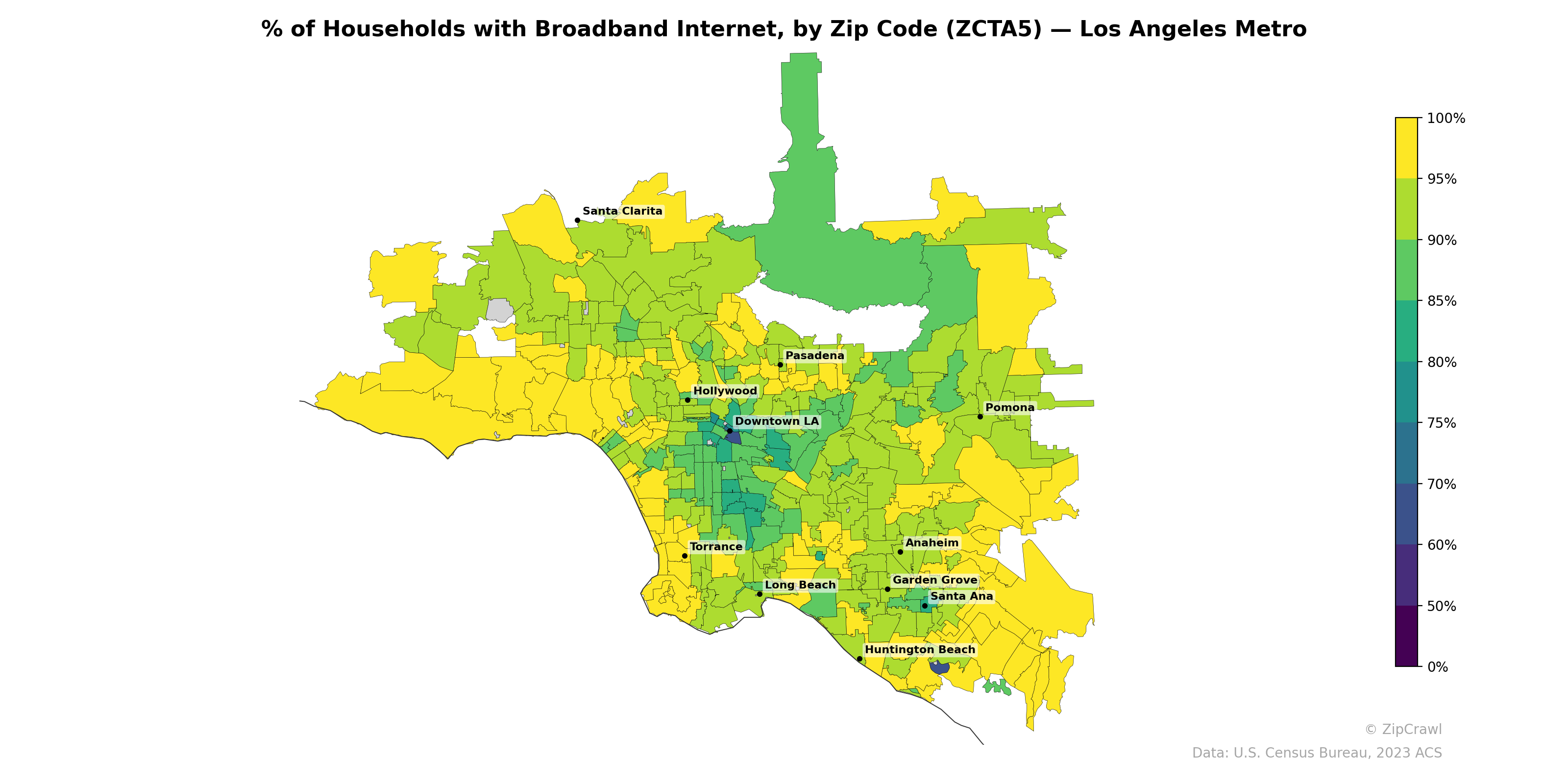 % of Households with Broadband Internet, by Zip Code (ZCTA5) — Los Angeles Metro