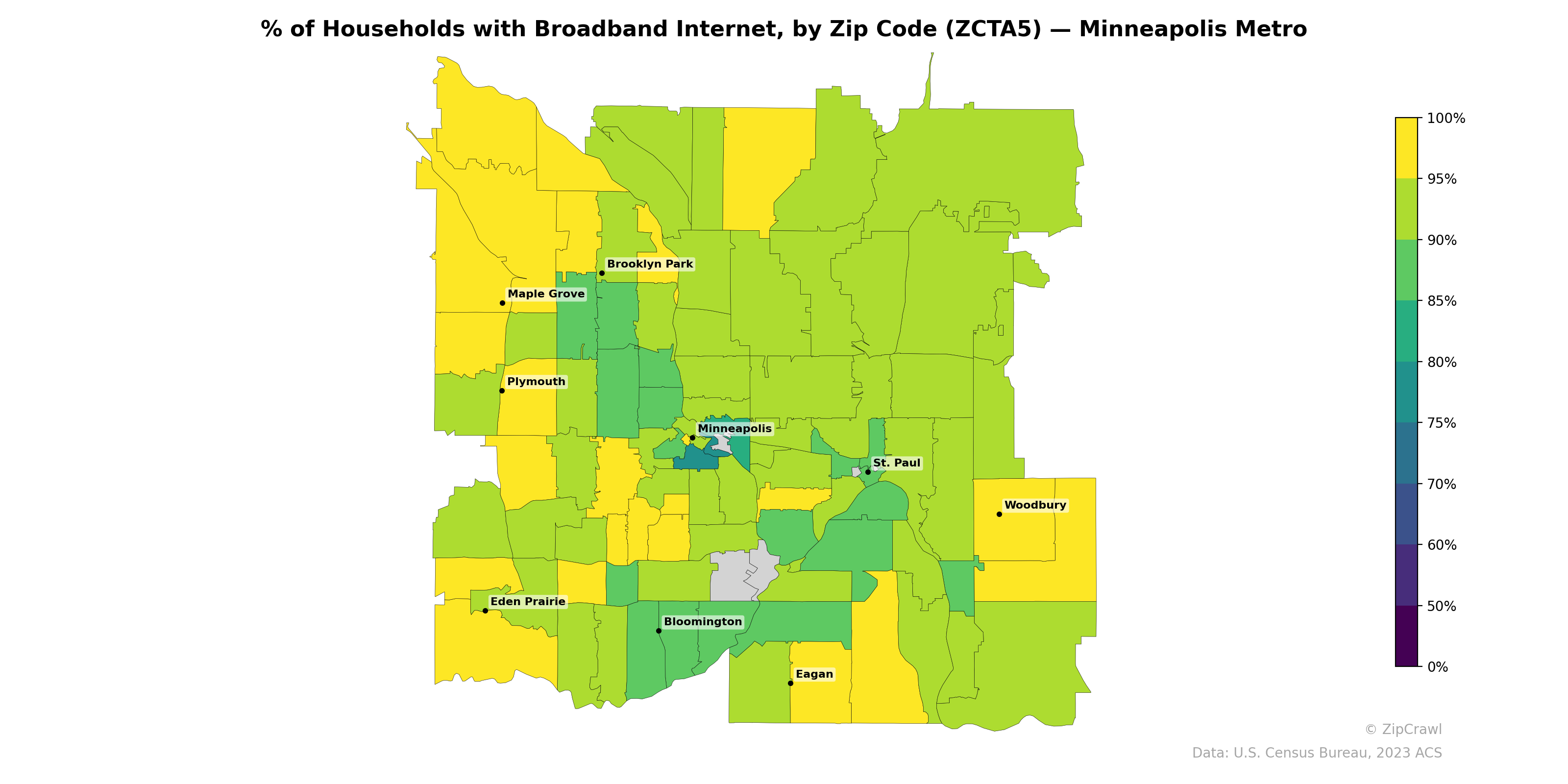 % of Households with Broadband Internet, by Zip Code (ZCTA5) — Minneapolis Metro