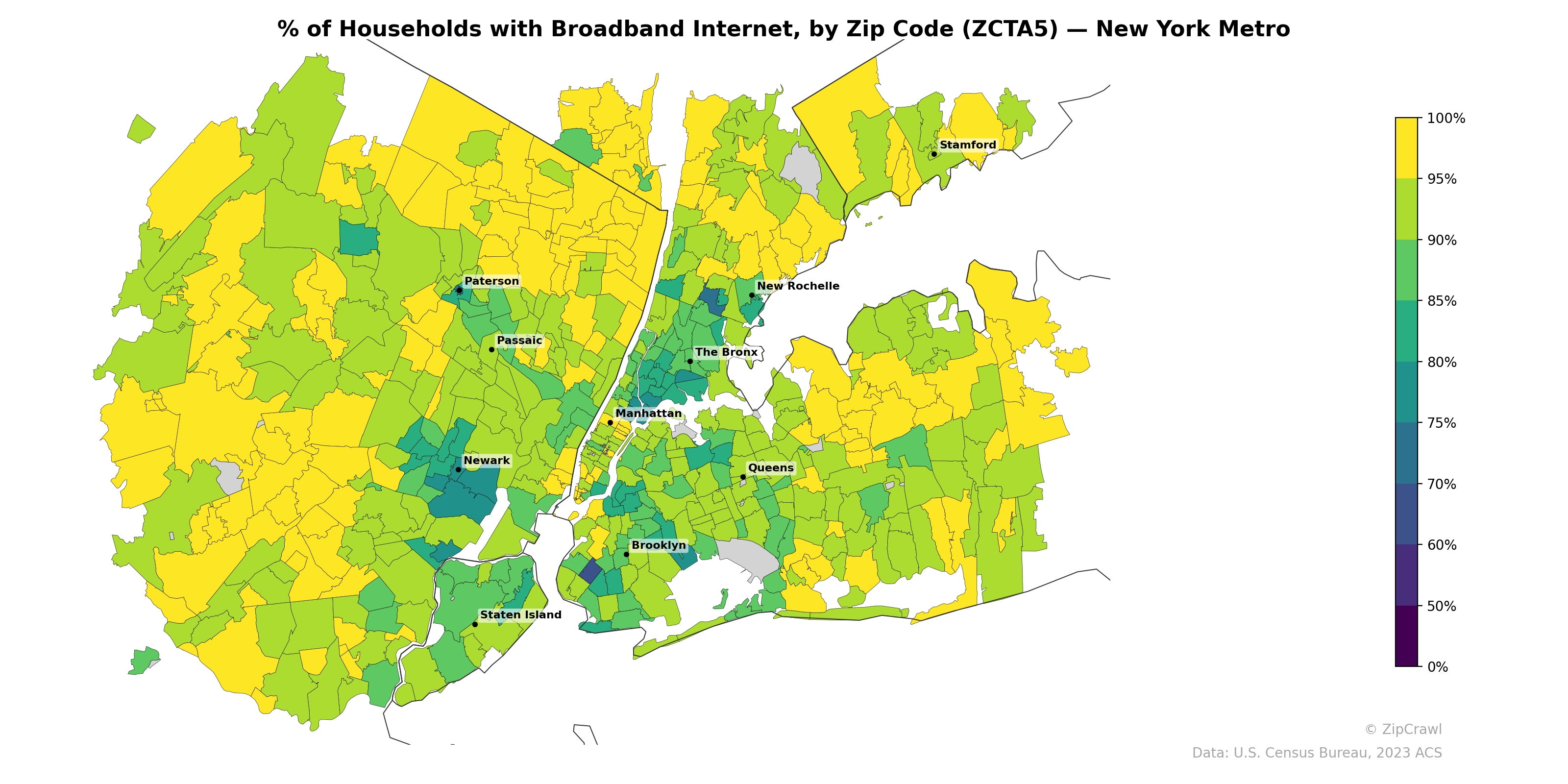 % of Households with Broadband Internet, by Zip Code (ZCTA5) — New York Metro