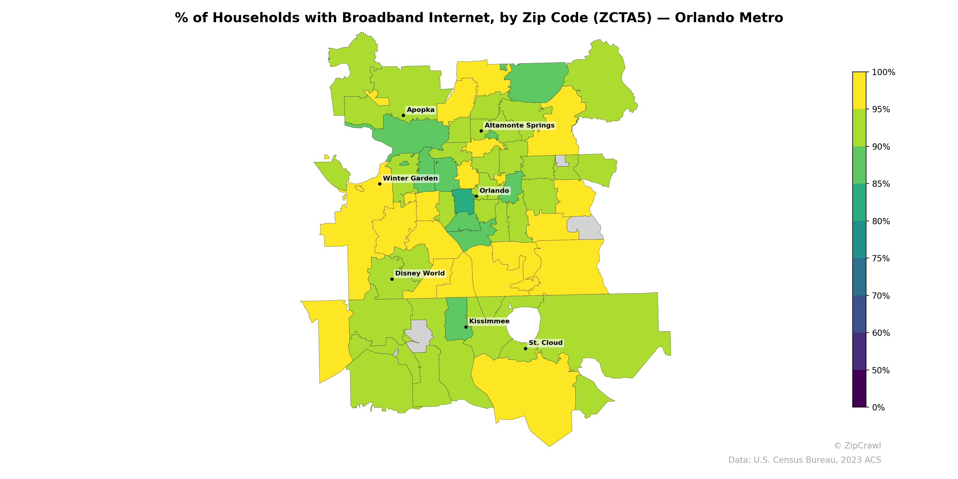 % of Households with Broadband Internet, by Zip Code (ZCTA5) — Orlando Metro