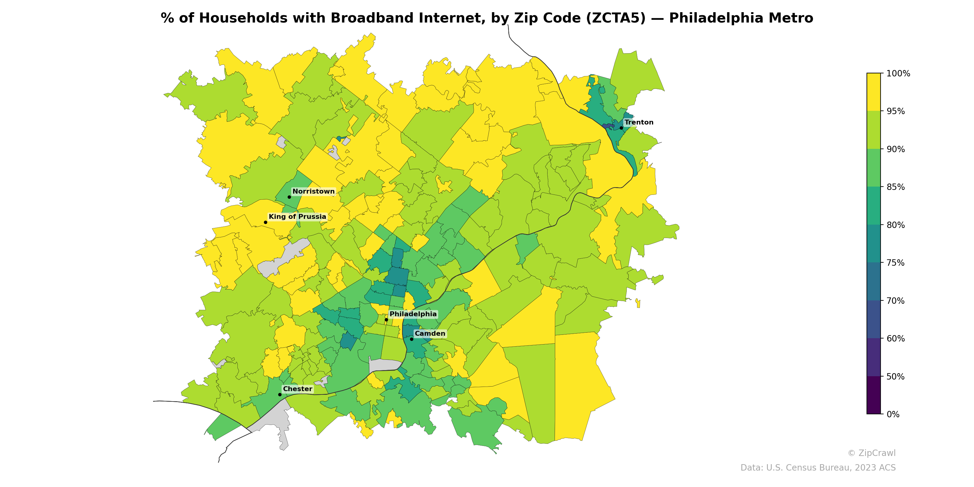 % of Households with Broadband Internet, by Zip Code (ZCTA5) — Philadelphia Metro